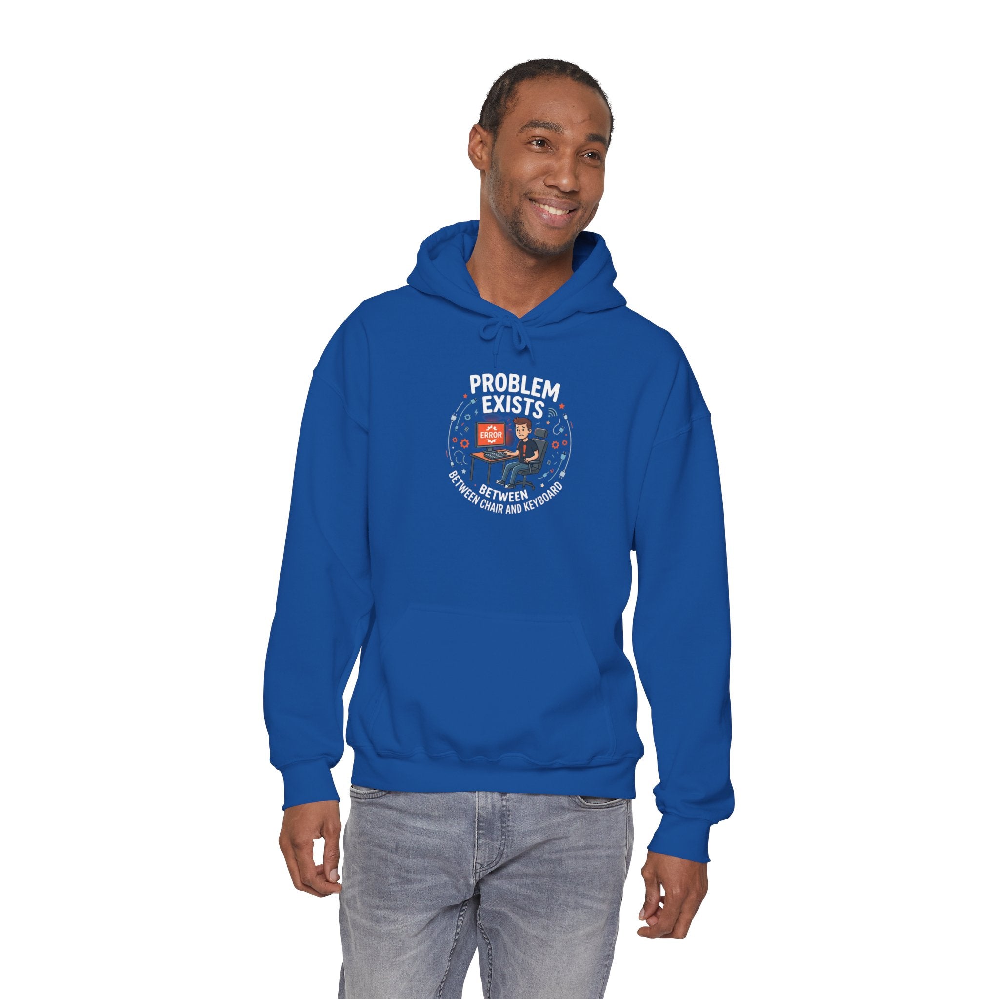 "Problem Exists Between the Chair & Keyboard" Tech Humor Graphic Hoodie