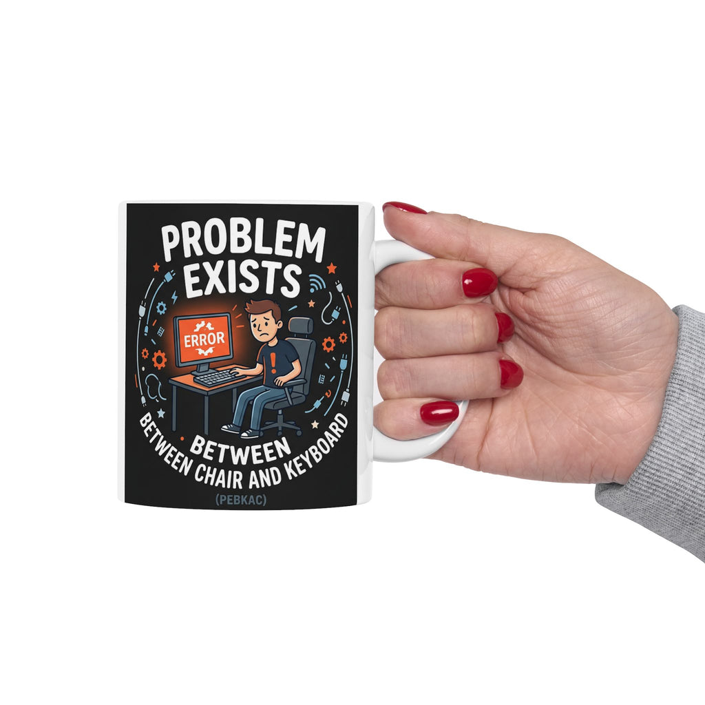 "Problem Exists Between Chair & Keyboard" IT Humor Ceramic Mug, (11oz, 15oz)