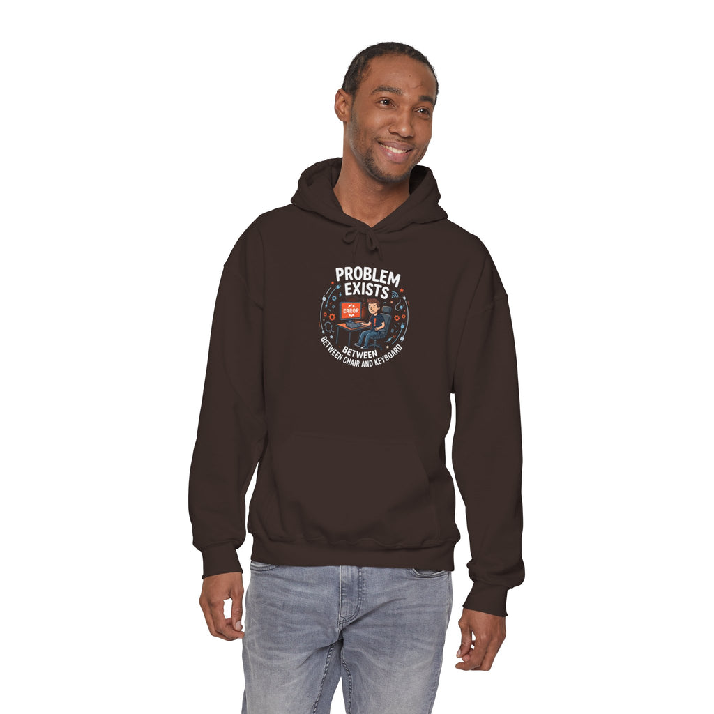 "Problem Exists Between the Chair & Keyboard" Tech Humor Graphic Hoodie