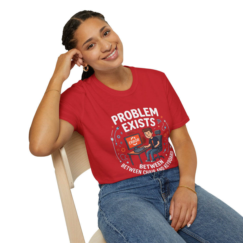 "Problem Exists Between Chair & Keyboard" Funny IT T-Shirt — Tech Coder Humor Graphic Tee