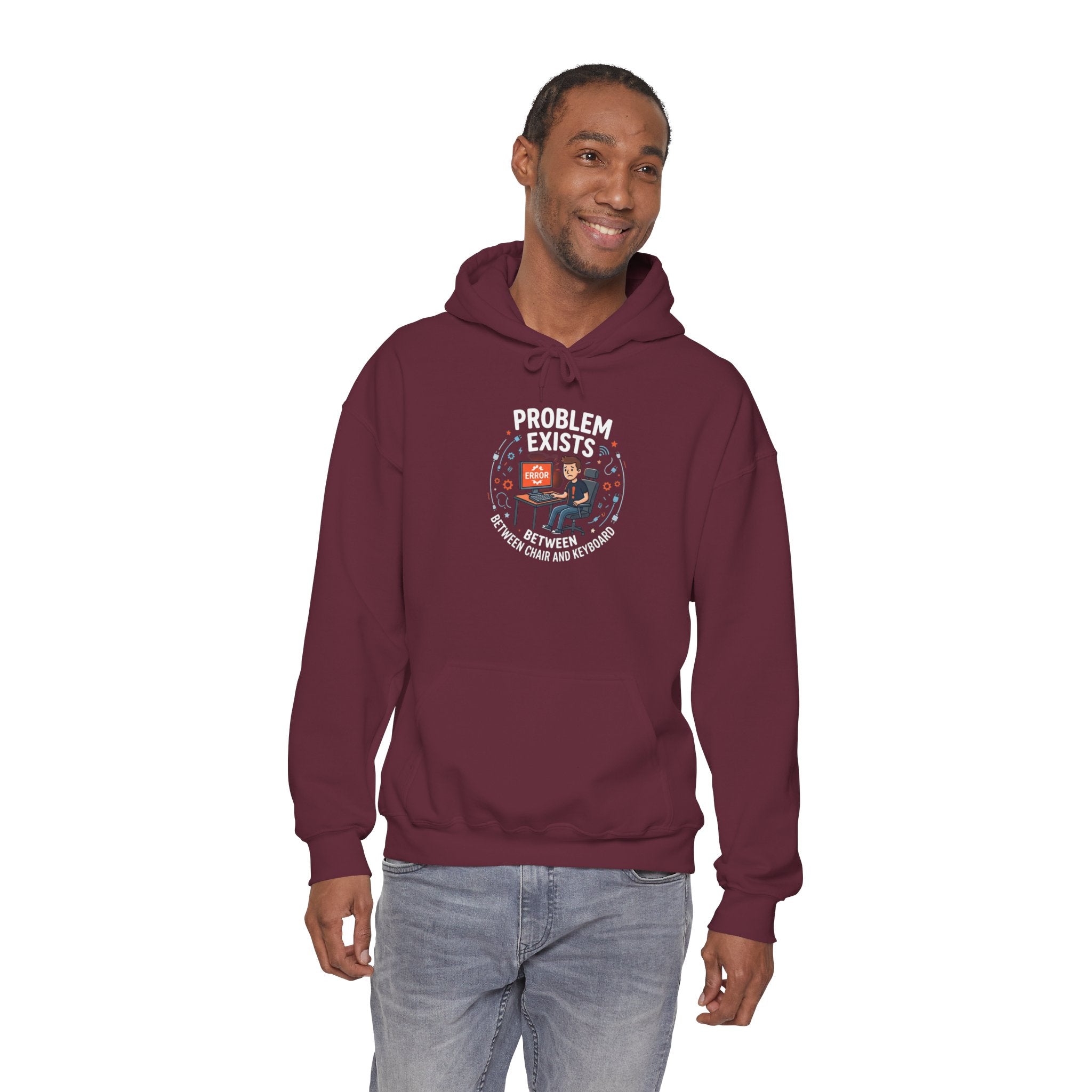 "Problem Exists Between the Chair & Keyboard" Tech Humor Graphic Hoodie