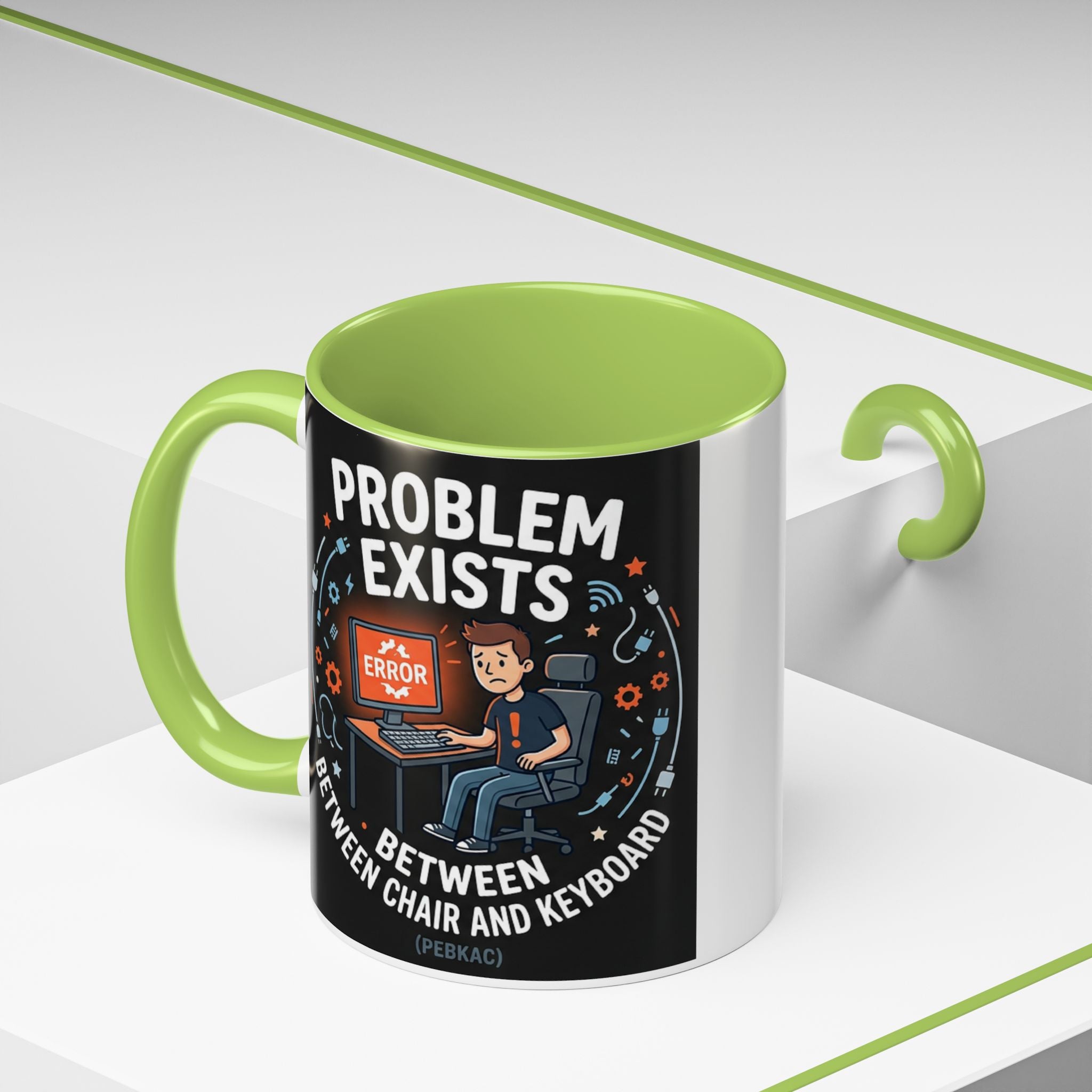 "Problem Exists Between Chair & Keyboard" IT Humor Accent Coffee Mug (11, 15oz)
