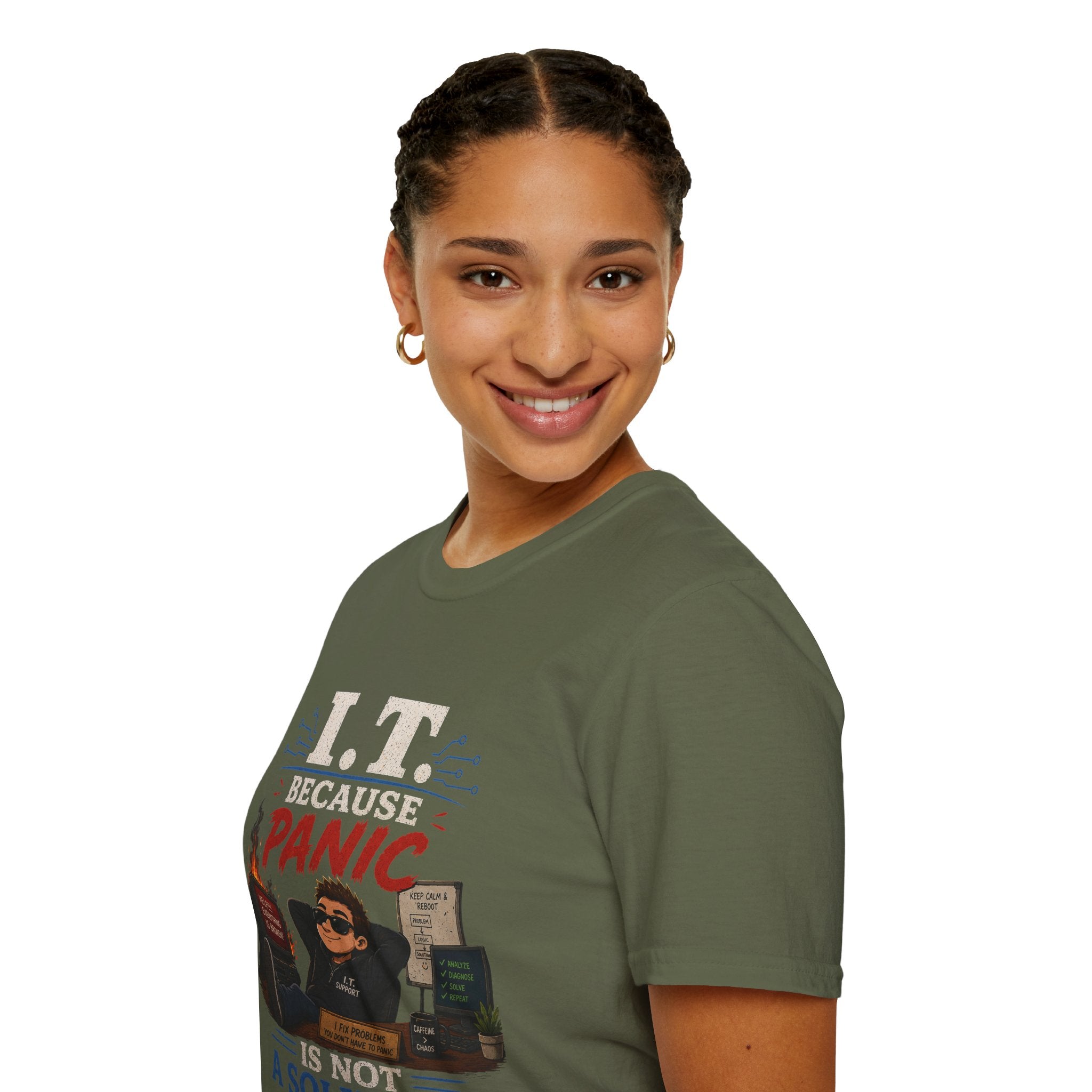 "IT Because Panic Is Not A Solution" Tech Humor T-Shirt — Funny IT Support Tech Tee