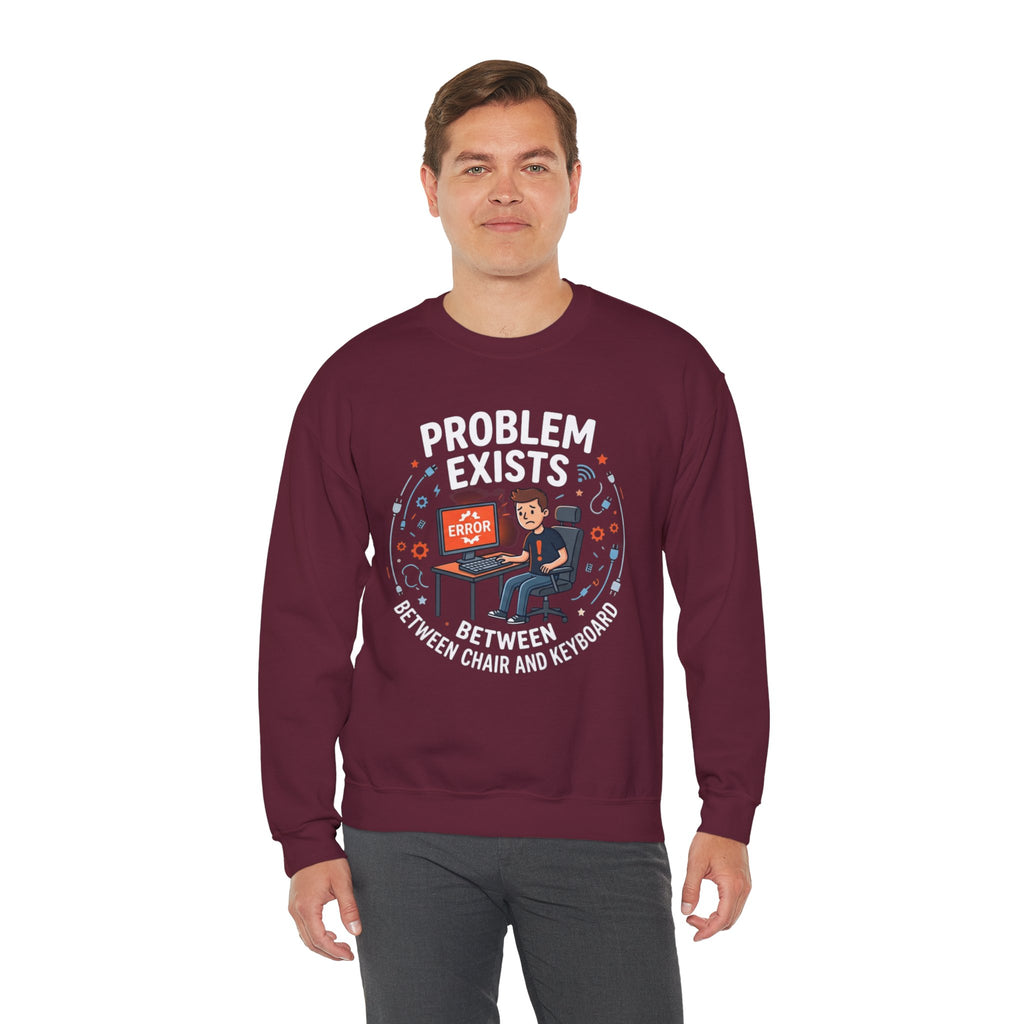 "Problem Exists Between Chair & Keyboard" Funny Coding Bug Graphic Crewneck Sweatshirt