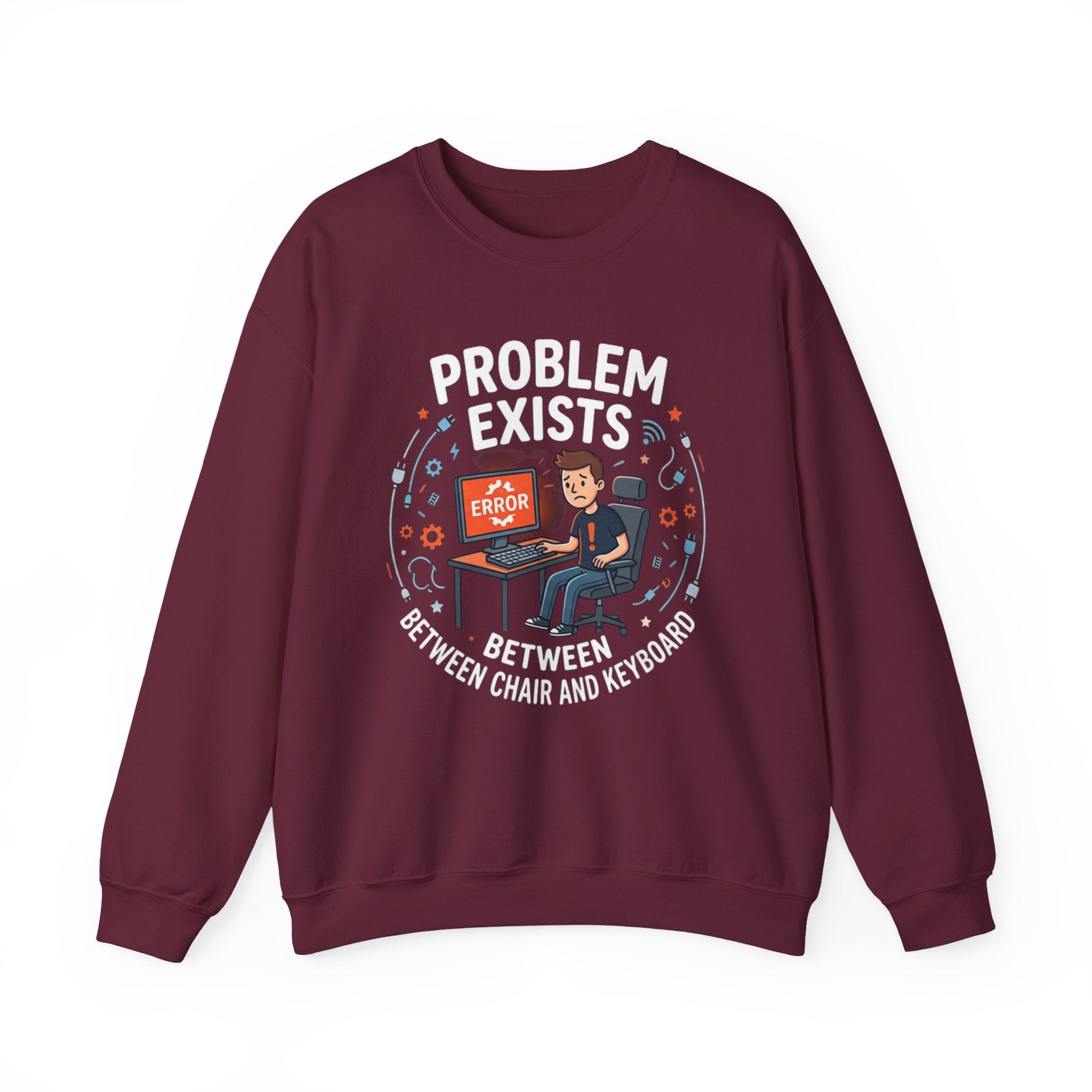 "Problem Exists Between Chair & Keyboard" Funny Coding Bug Graphic Crewneck Sweatshirt