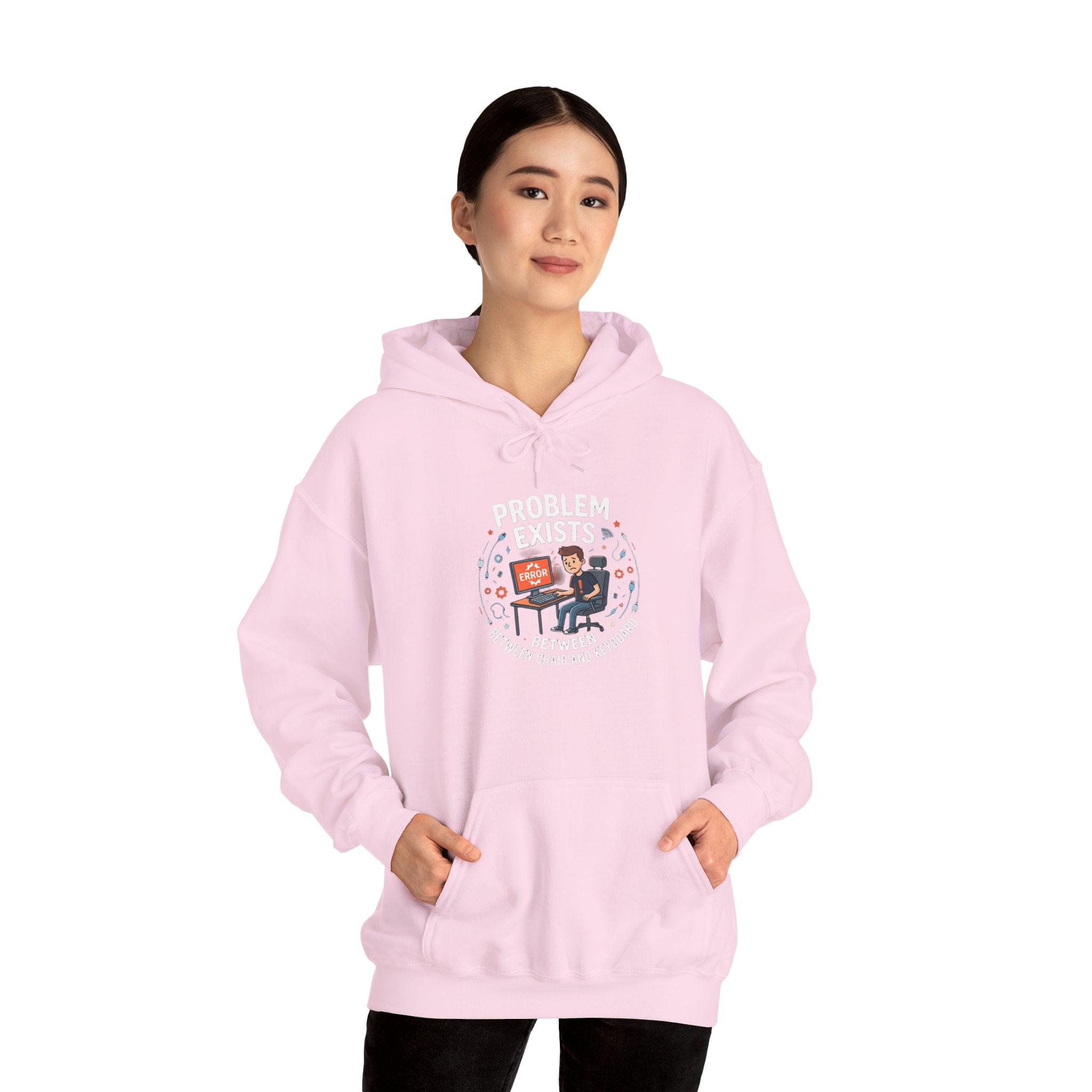 "Problem Exists Between the Chair & Keyboard" Tech Humor Graphic Hoodie