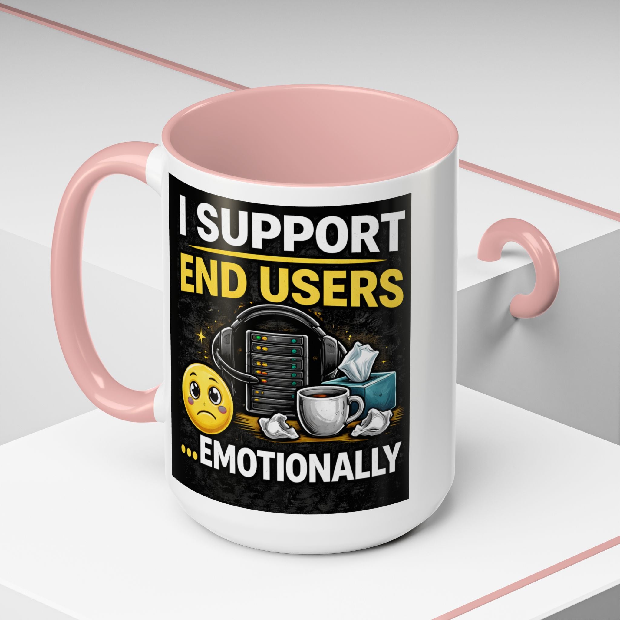 "I Support End Users, Emotionally" IT Humor Accent Coffee Mug (11, 15oz)