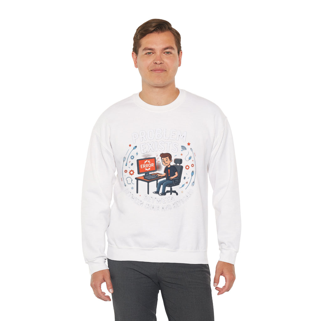 "Problem Exists Between Chair & Keyboard" Funny Coding Bug Graphic Crewneck Sweatshirt
