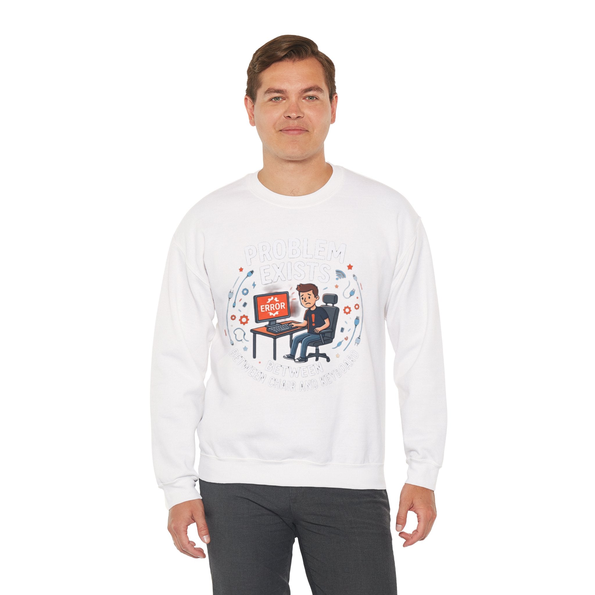 "Problem Exists Between Chair & Keyboard" Funny Coding Bug Graphic Crewneck Sweatshirt