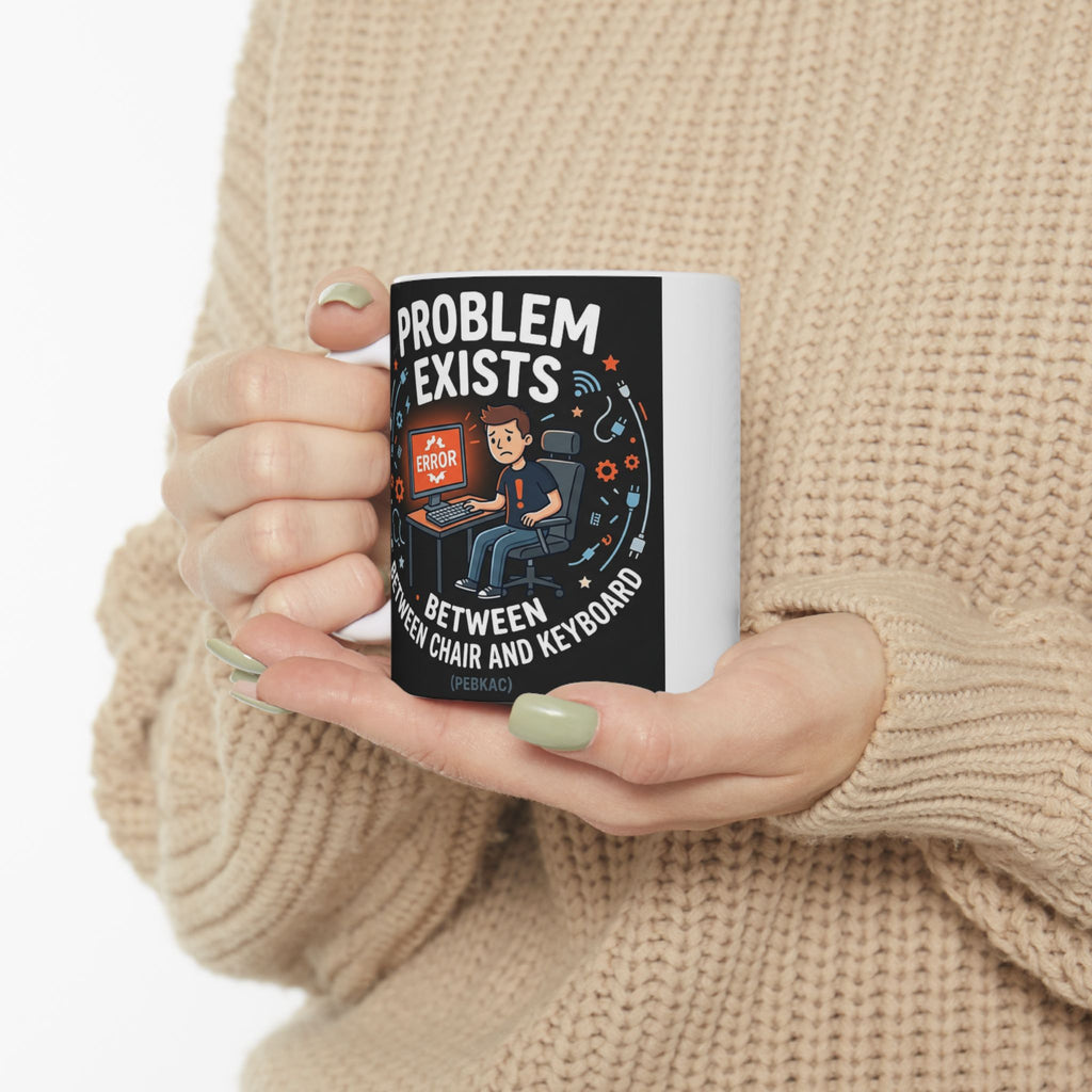 "Problem Exists Between Chair & Keyboard" IT Humor Ceramic Mug, (11oz, 15oz)