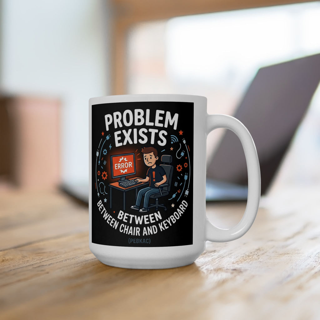 "Problem Exists Between Chair & Keyboard" IT Humor Ceramic Mug, (11oz, 15oz)