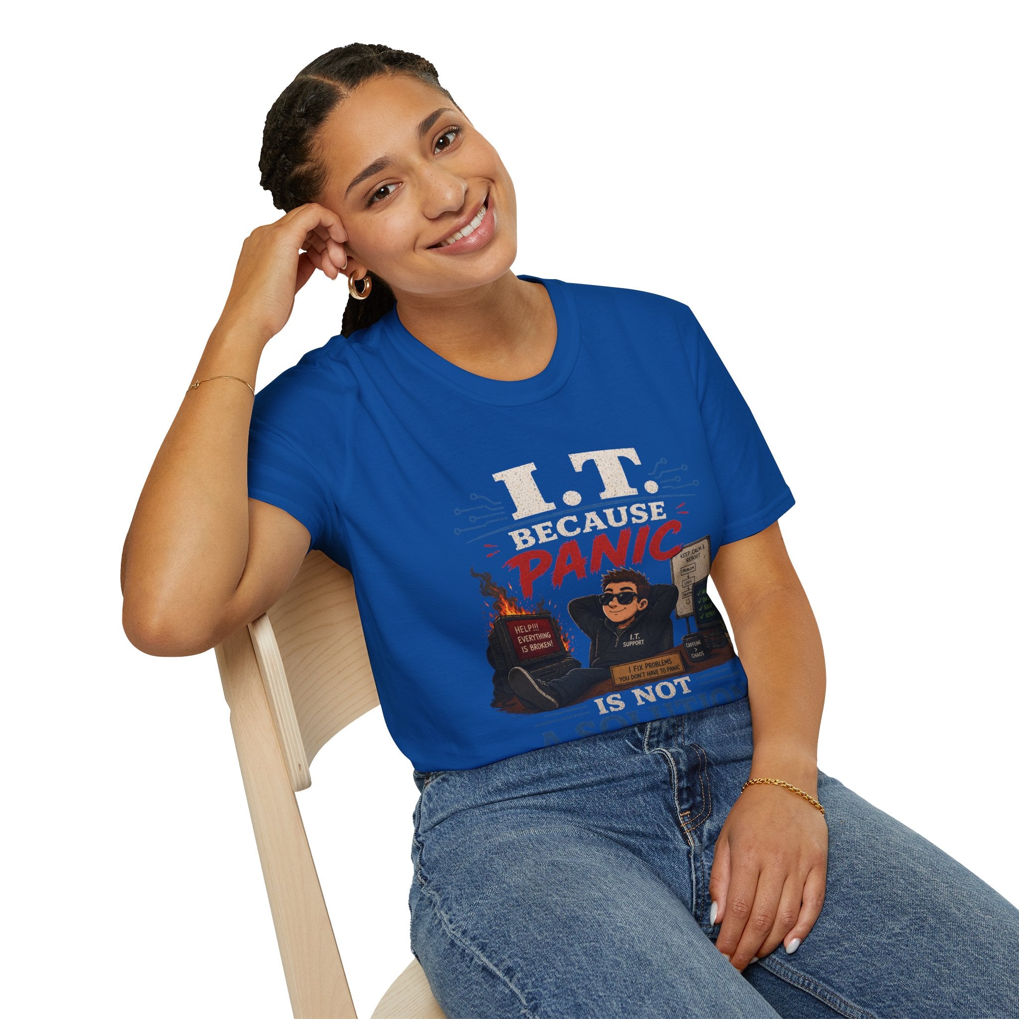 "IT Because Panic Is Not A Solution" Tech Humor T-Shirt — Funny IT Support Tech Tee