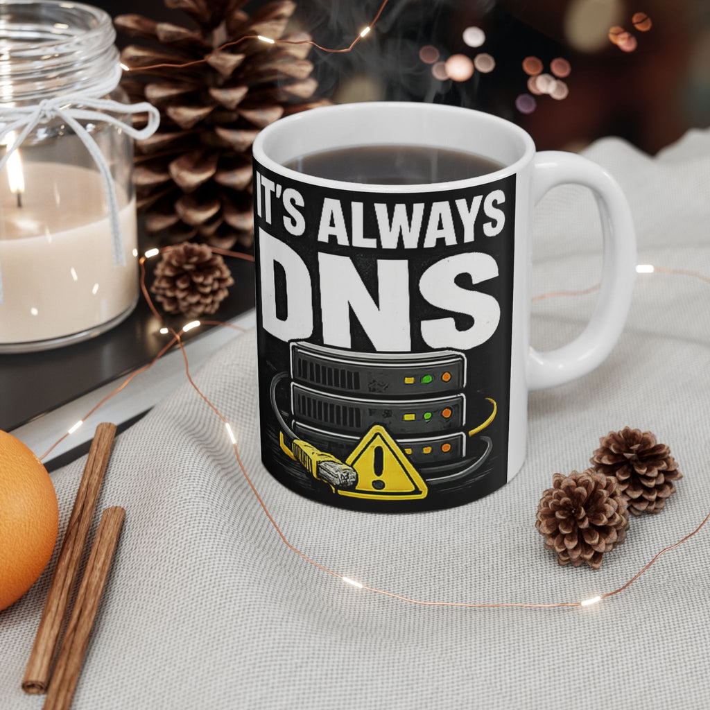 "It's Always DNS" Tech Humor Ceramic Mug, (11oz, 15oz)