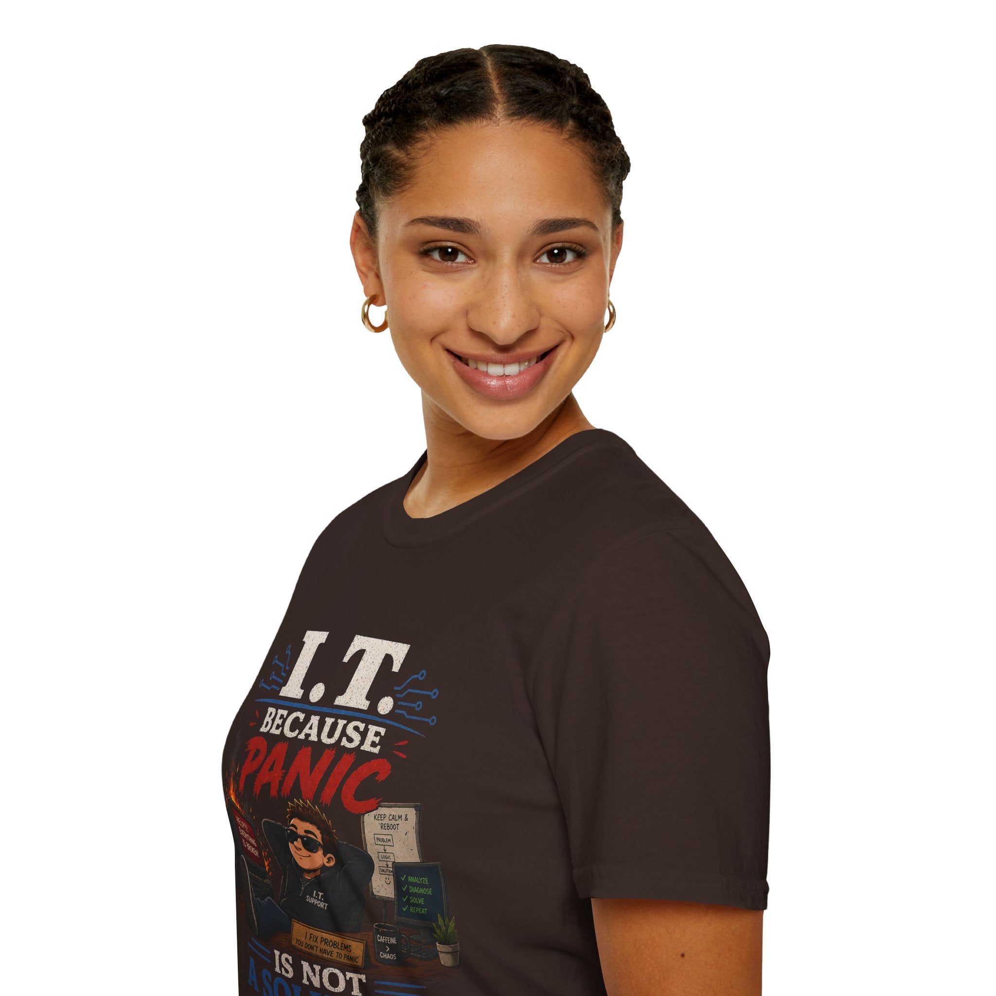 "IT Because Panic Is Not A Solution" Tech Humor T-Shirt — Funny IT Support Tech Tee