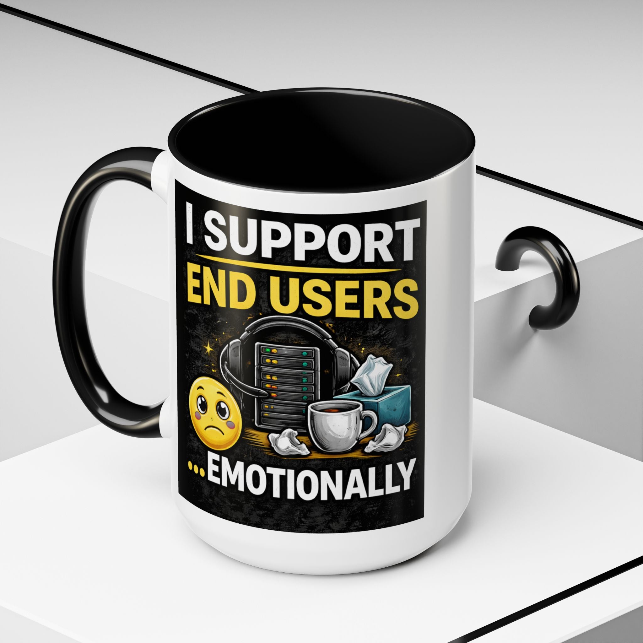 "I Support End Users, Emotionally" IT Humor Accent Coffee Mug (11, 15oz)