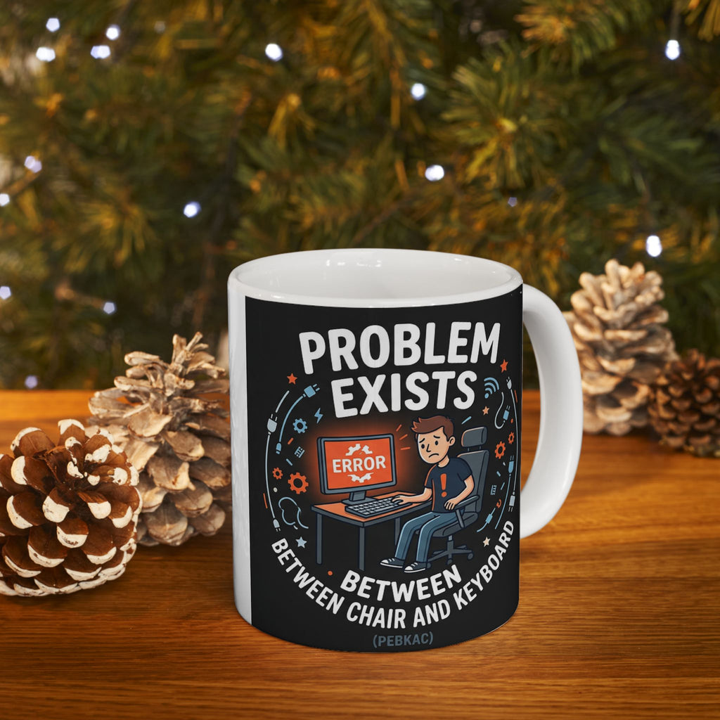 "Problem Exists Between Chair & Keyboard" IT Humor Ceramic Mug, (11oz, 15oz)