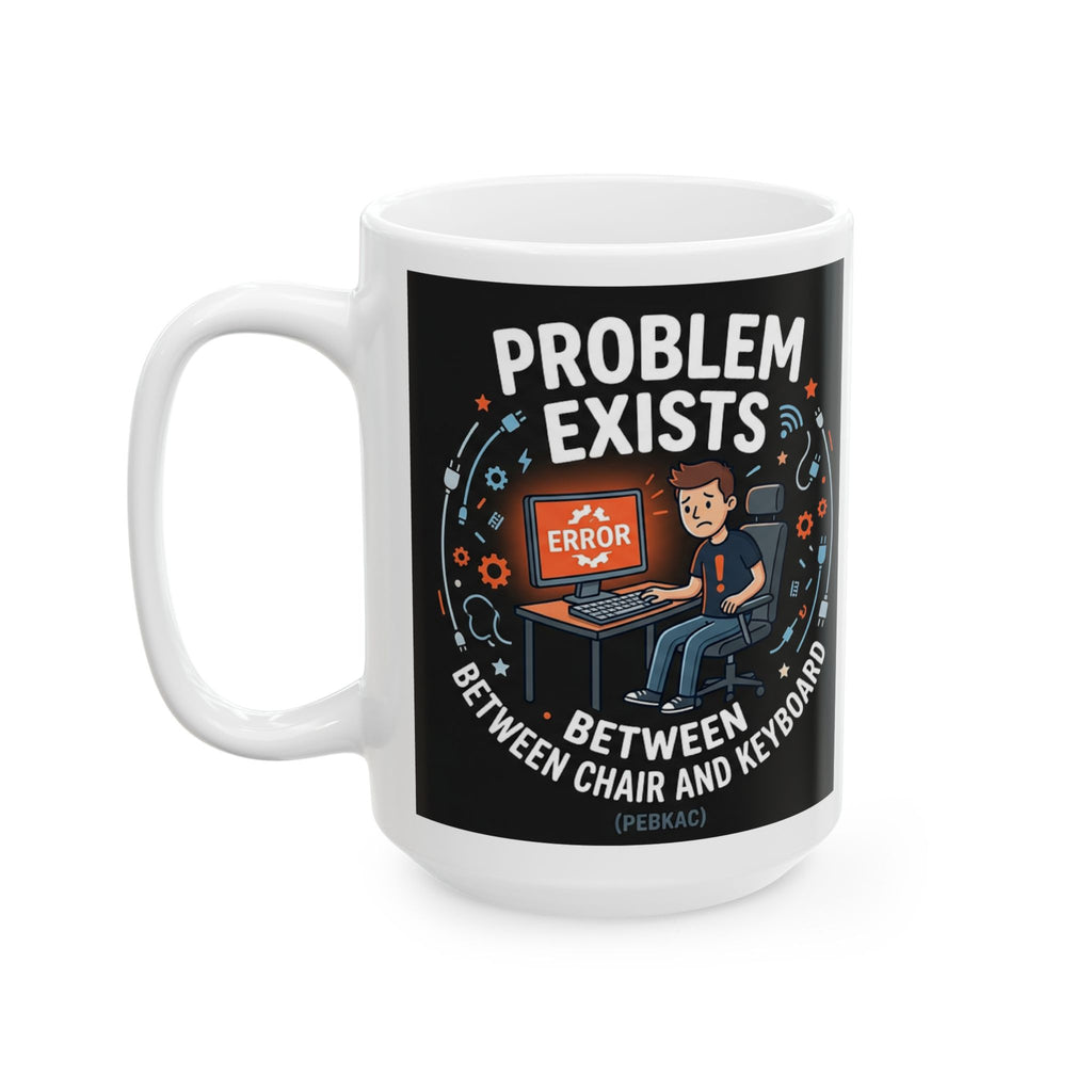"Problem Exists Between Chair & Keyboard" IT Humor Ceramic Mug, (11oz, 15oz)