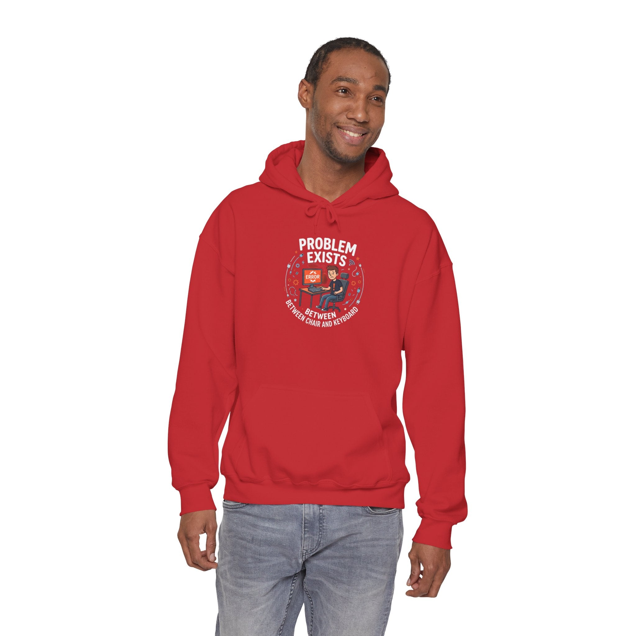 "Problem Exists Between the Chair & Keyboard" Tech Humor Graphic Hoodie
