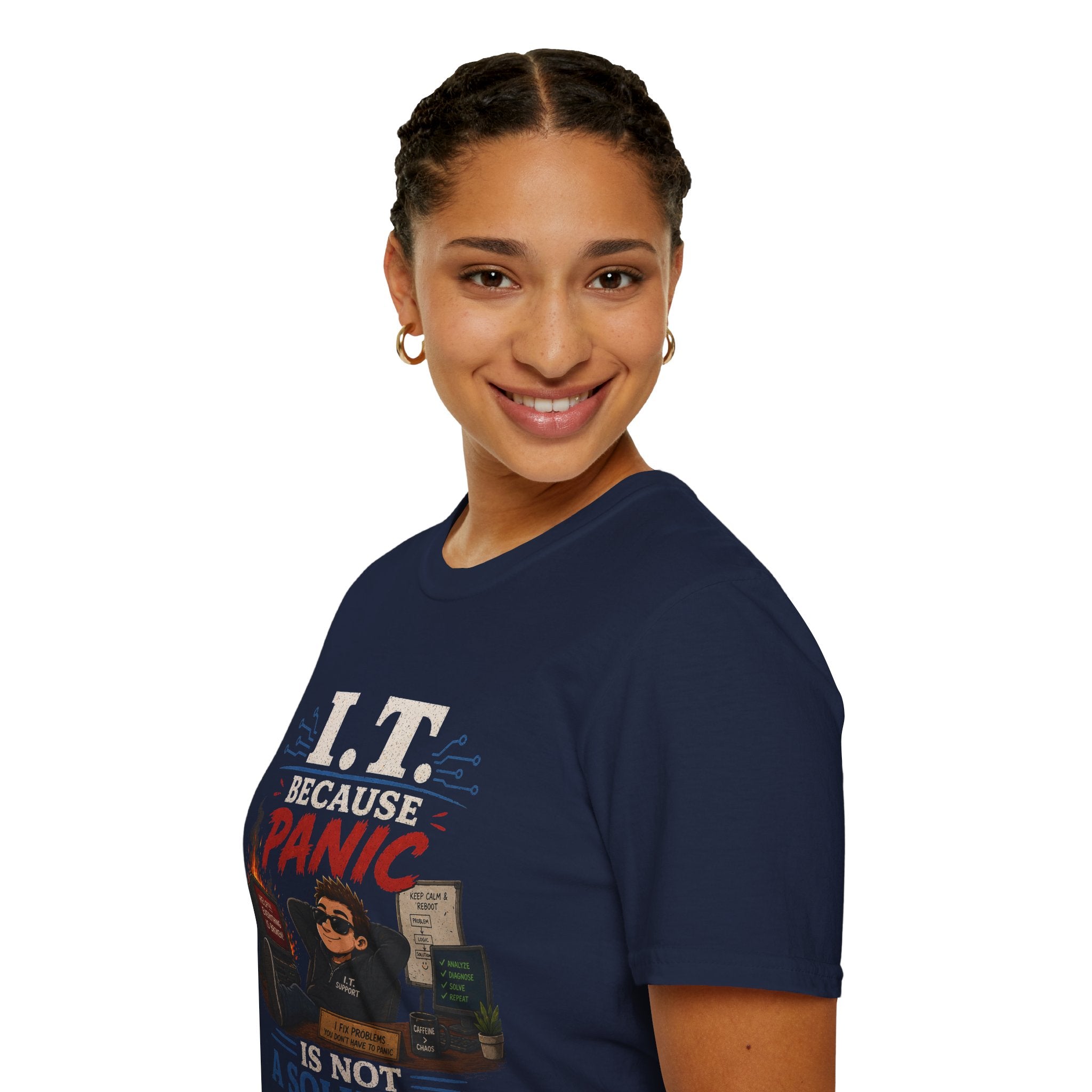 "IT Because Panic Is Not A Solution" Tech Humor T-Shirt — Funny IT Support Tech Tee