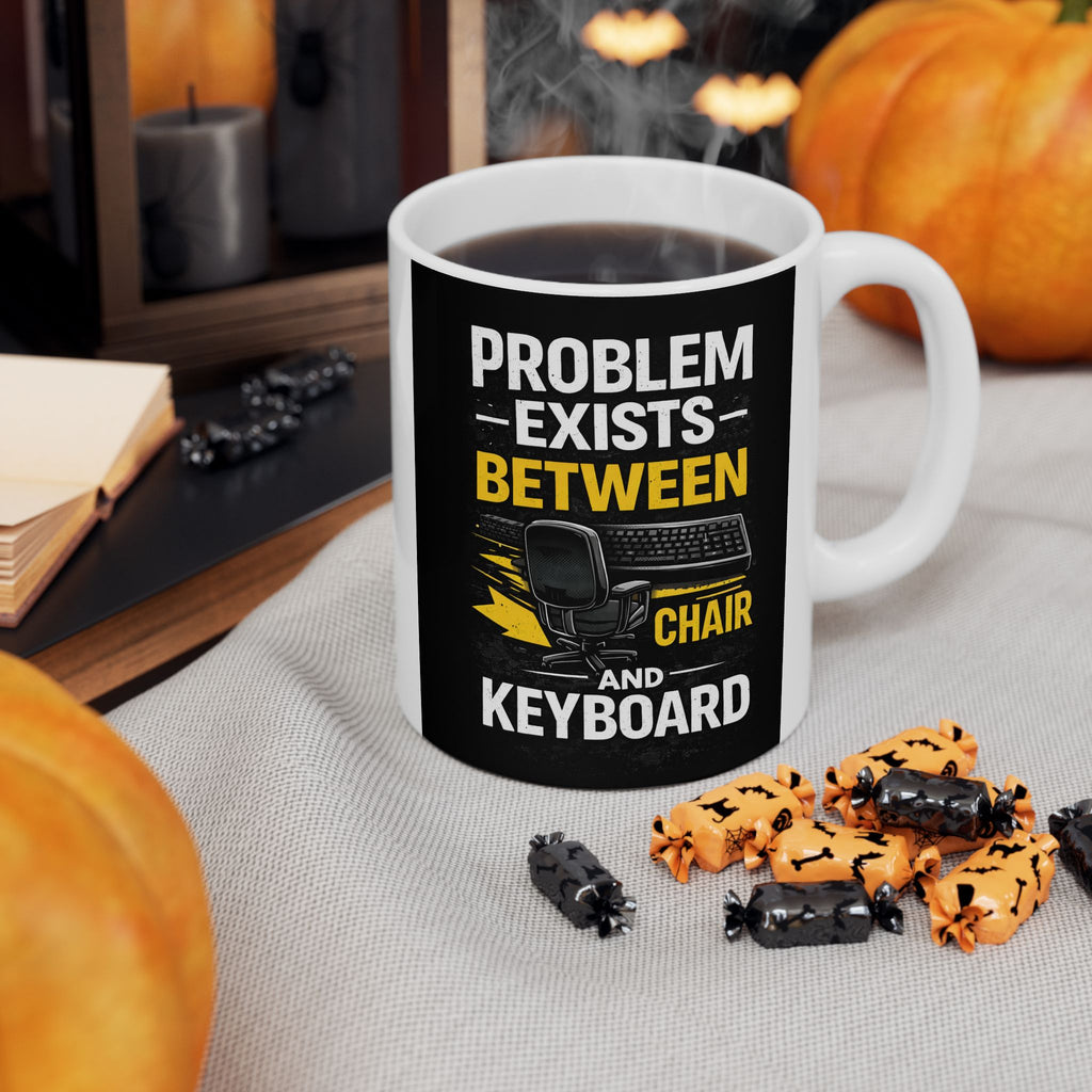 "Problem Exists Between Keyboard & Chair" Tech Humor Ceramic Mug, (11oz, 15oz)