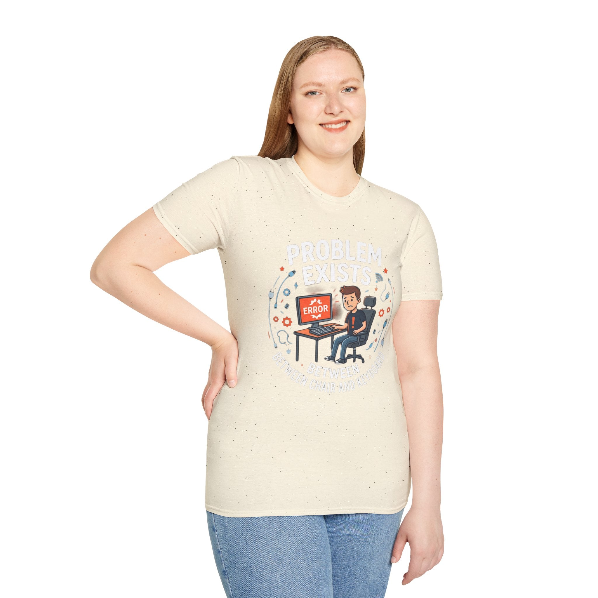 "Problem Exists Between Chair & Keyboard" Funny IT T-Shirt — Tech Coder Humor Graphic Tee