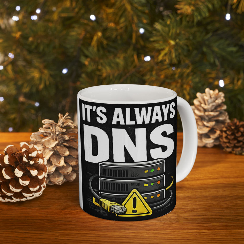 "It's Always DNS" Tech Humor Ceramic Mug, (11oz, 15oz)