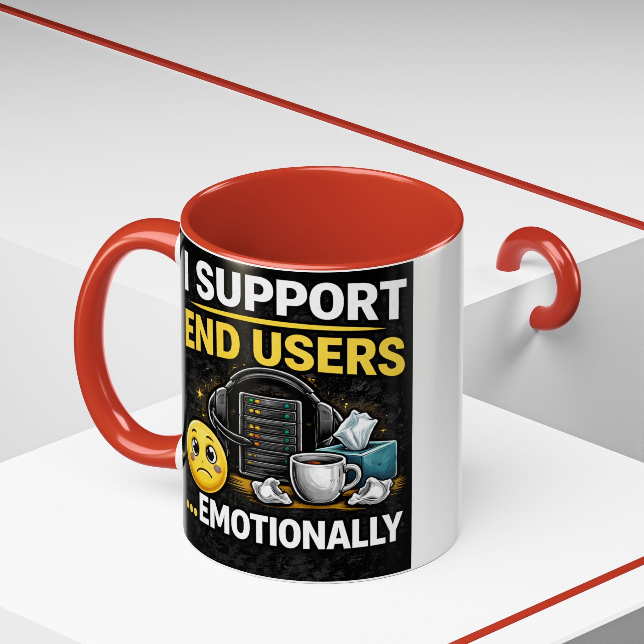 "I Support End Users, Emotionally" IT Humor Accent Coffee Mug (11, 15oz)