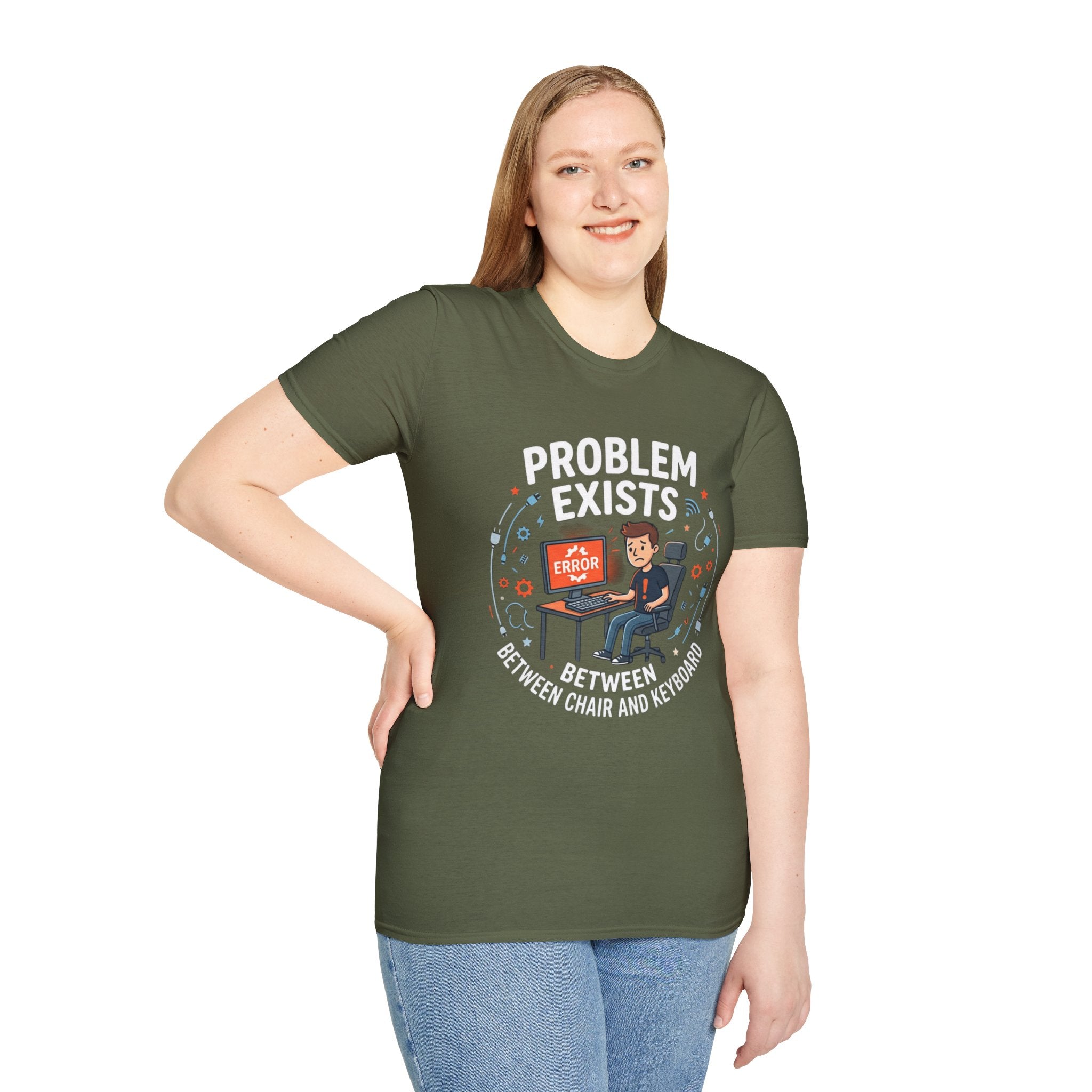 "Problem Exists Between Chair & Keyboard" Funny IT T-Shirt — Tech Coder Humor Graphic Tee