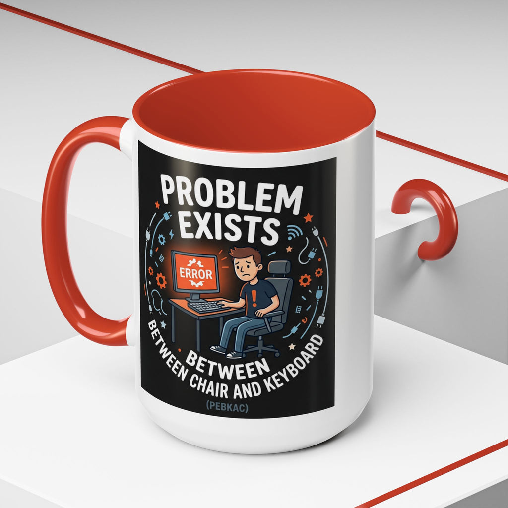 "Problem Exists Between Chair & Keyboard" IT Humor Accent Coffee Mug (11, 15oz)