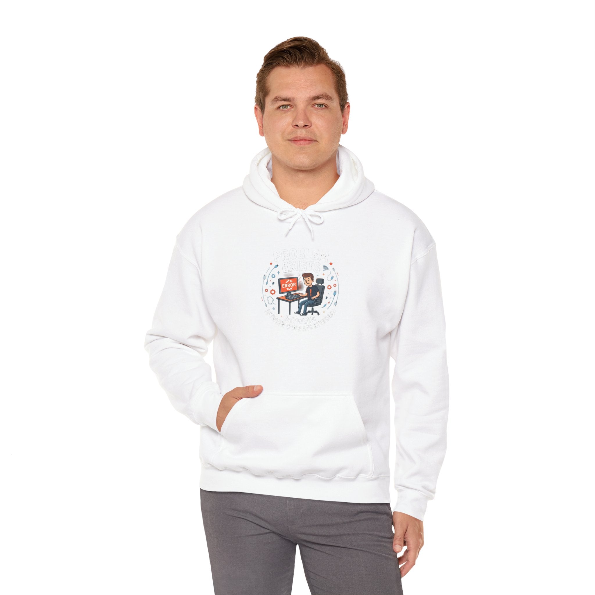 "Problem Exists Between the Chair & Keyboard" Tech Humor Graphic Hoodie