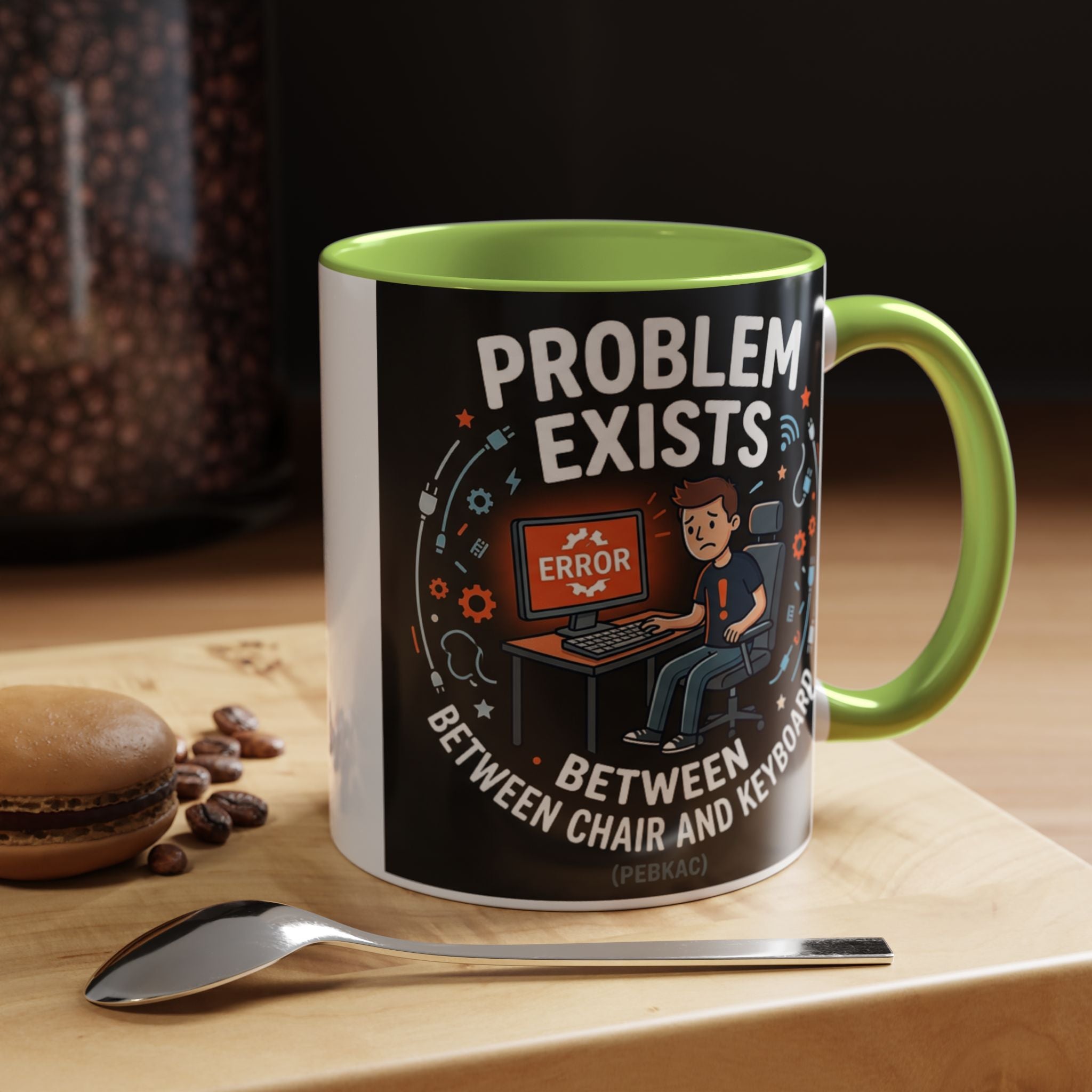 "Problem Exists Between Chair & Keyboard" IT Humor Accent Coffee Mug (11, 15oz)