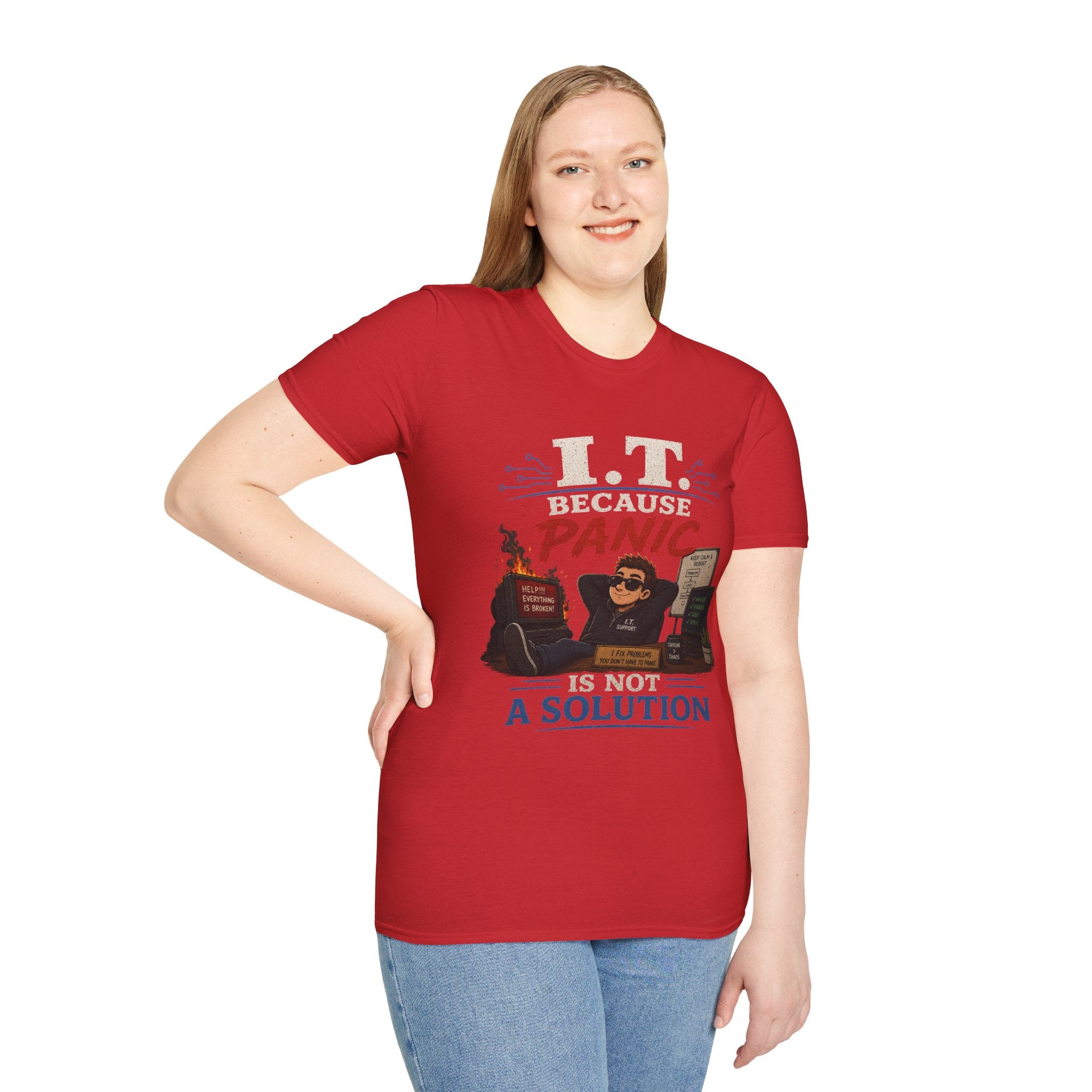 "IT Because Panic Is Not A Solution" Tech Humor T-Shirt — Funny IT Support Tech Tee