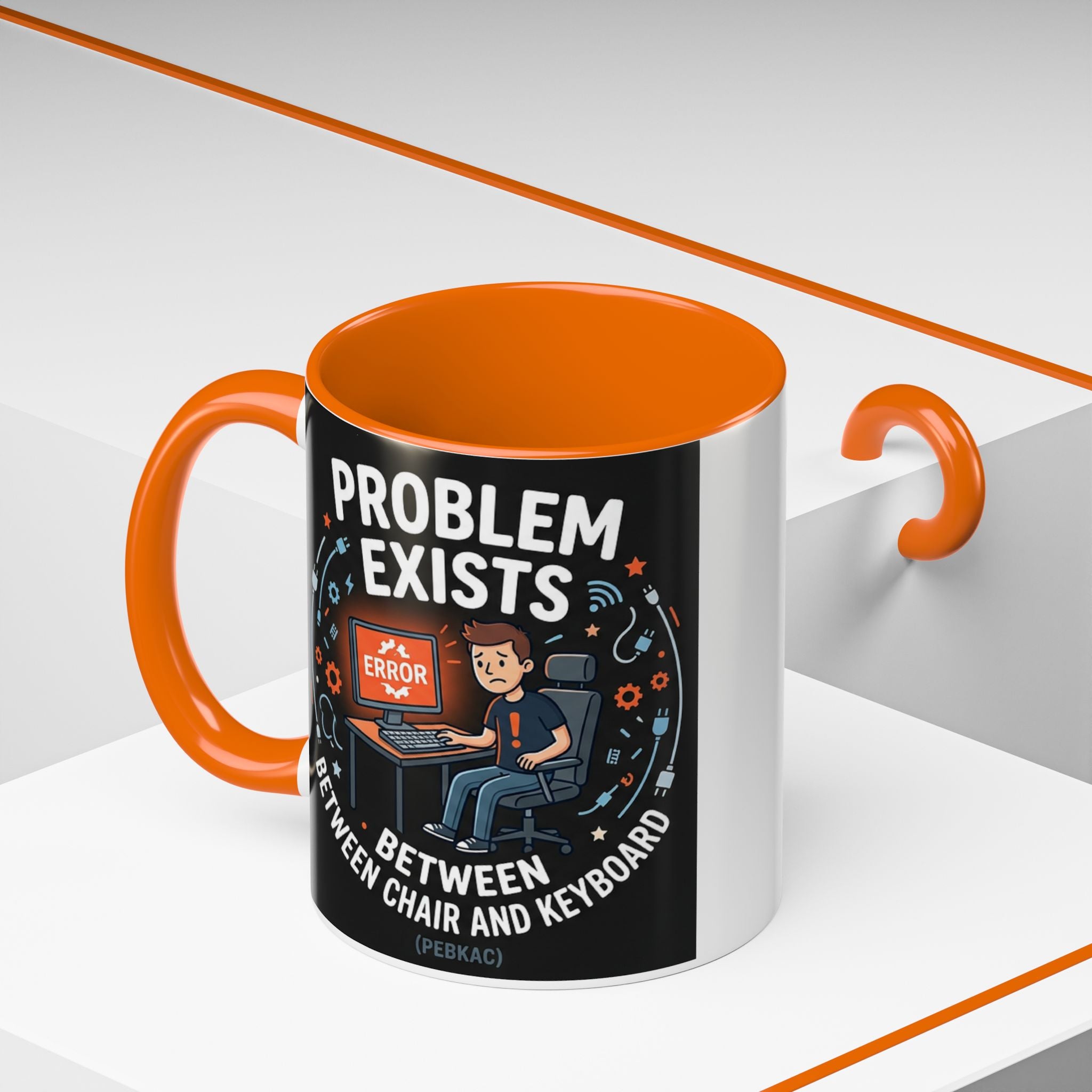 "Problem Exists Between Chair & Keyboard" IT Humor Accent Coffee Mug (11, 15oz)