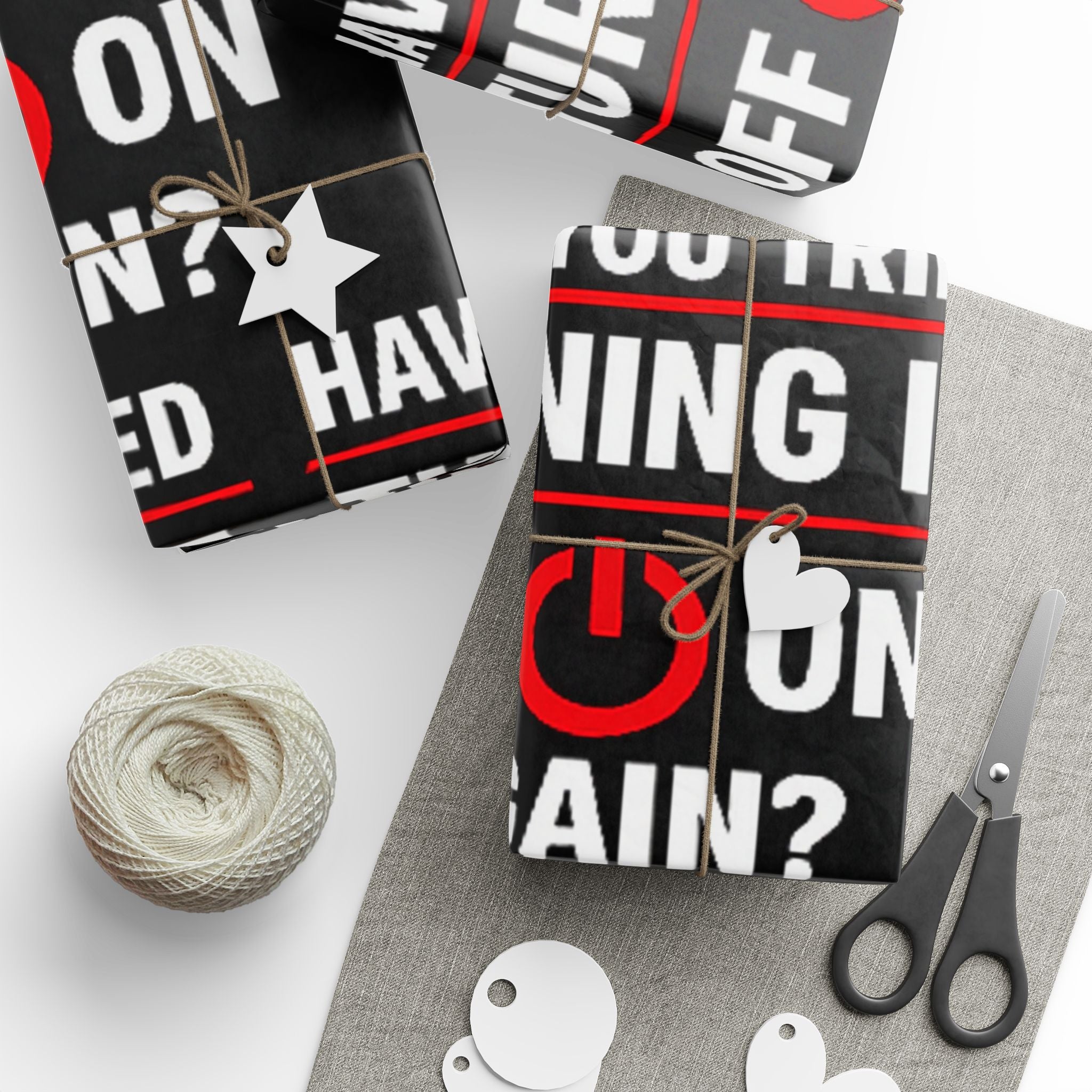 "Have You Tried Turning It Off & On Again?" Funny IT Graphic Holiday Gift Wrap (Bold Red & White Text) Tech Humor Wrapping Paper
