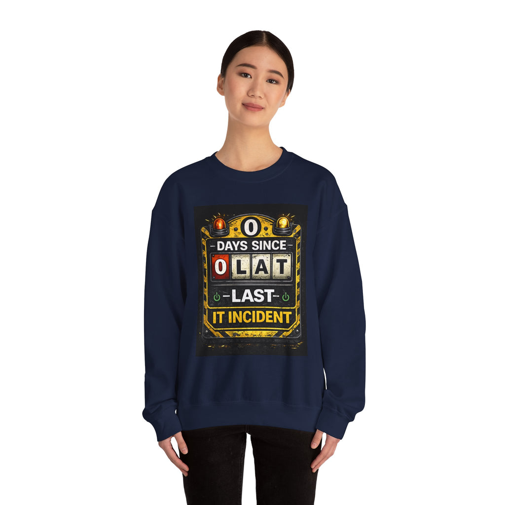 "0 Days Since Last IT Incident" Funny Tech Support Crewneck Sweatshirt