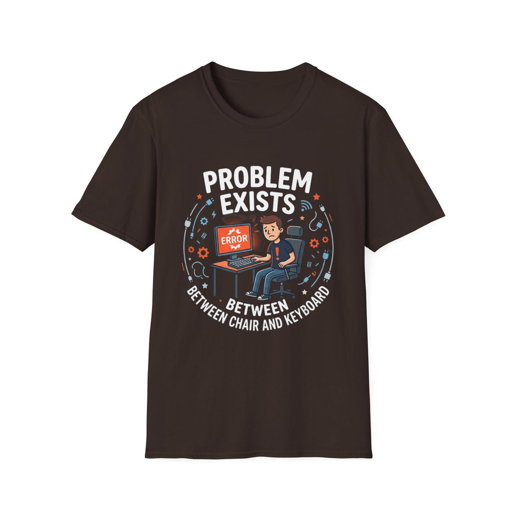 "Problem Exists Between Chair & Keyboard" Funny IT T-Shirt — Tech Coder Humor Graphic Tee