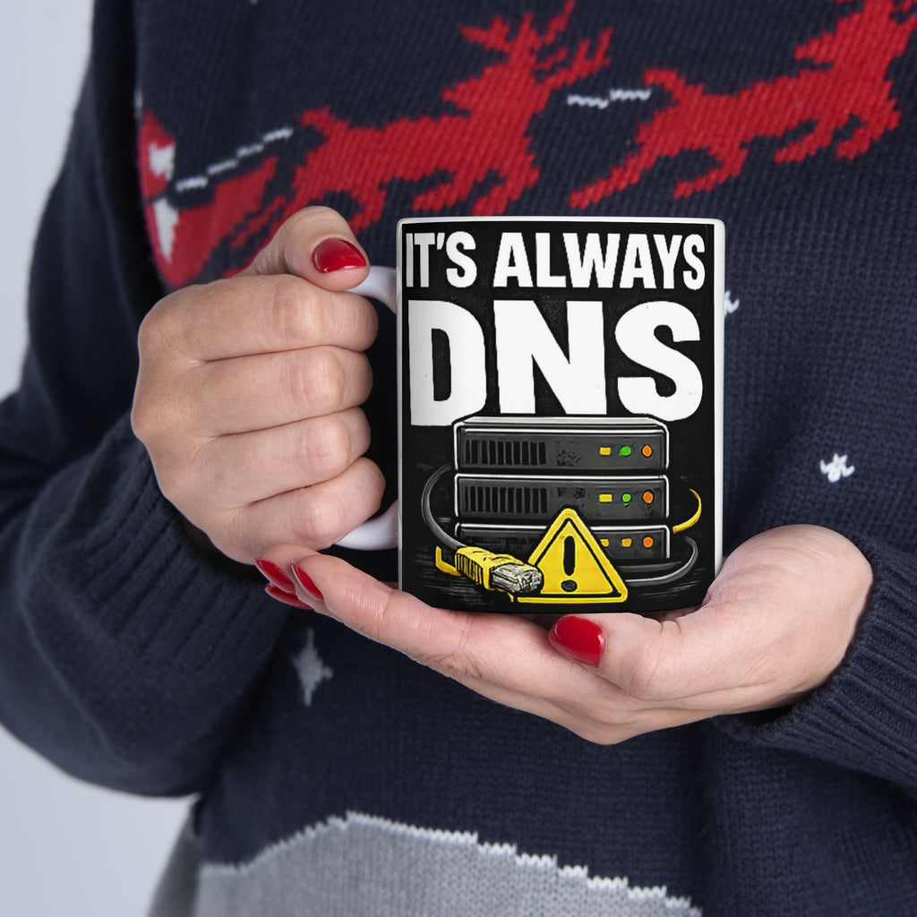 "It's Always DNS" Tech Humor Ceramic Mug, (11oz, 15oz)