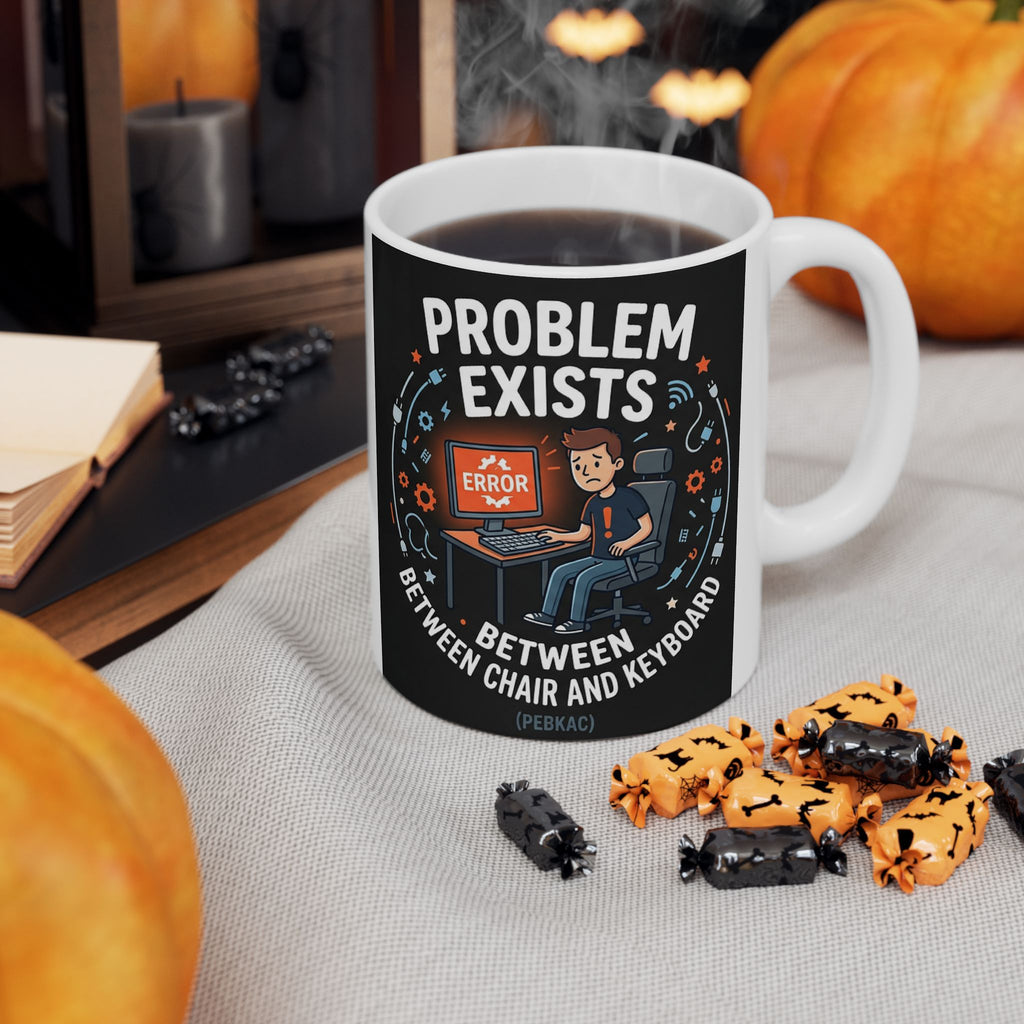 "Problem Exists Between Chair & Keyboard" IT Humor Ceramic Mug, (11oz, 15oz)