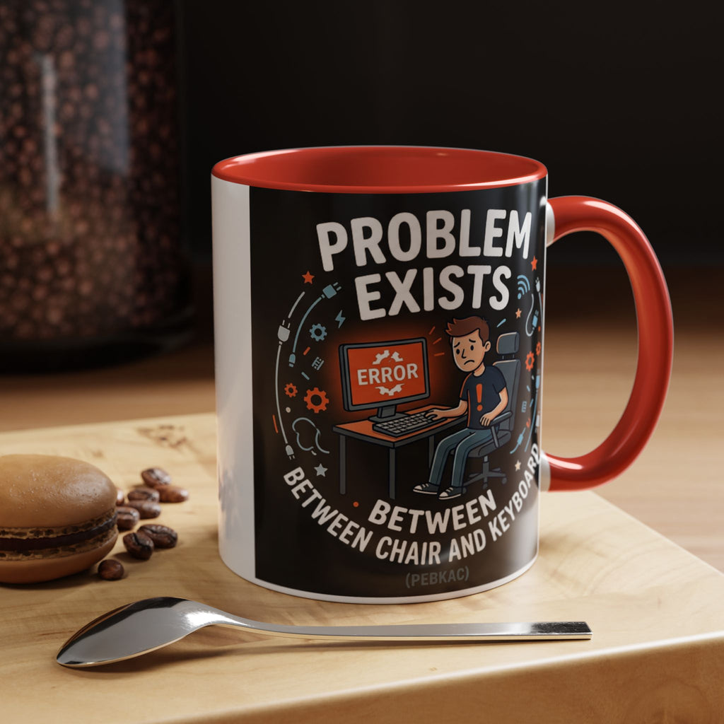 "Problem Exists Between Chair & Keyboard" IT Humor Accent Coffee Mug (11, 15oz)