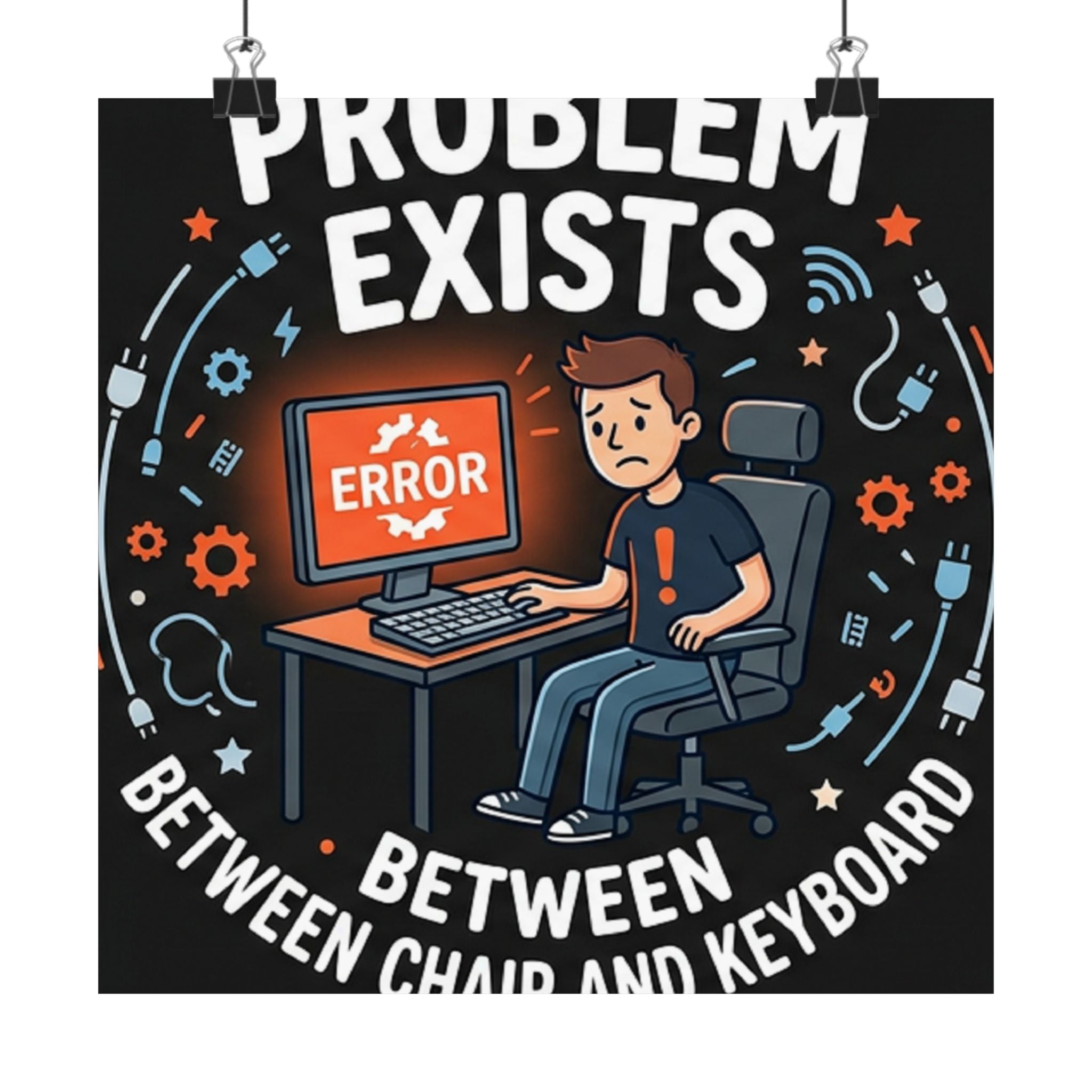 "Problem Exists Between Chair & Keyboard" Tech Humor Funny IT Matte Vertical Posters
