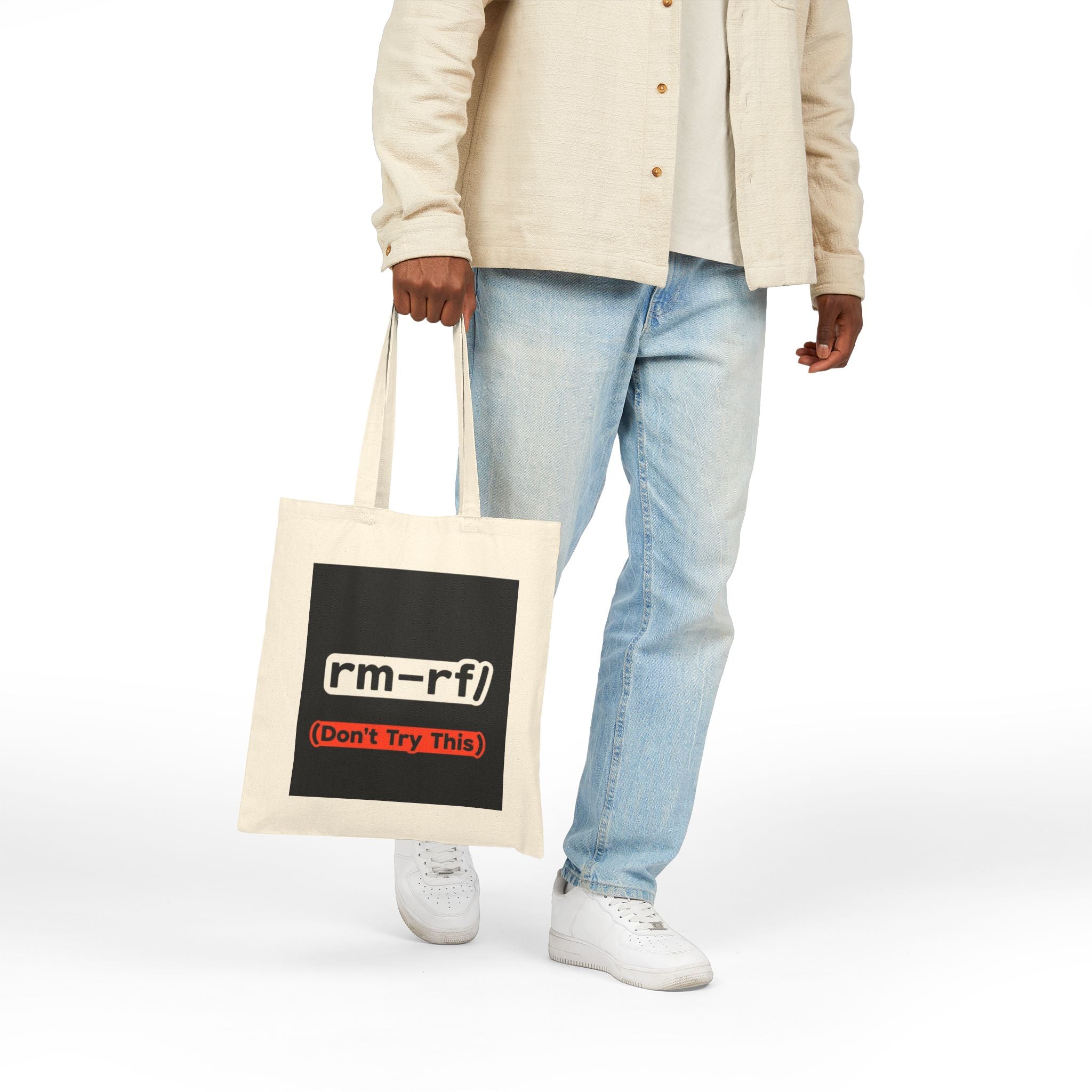 "rm -rf/ (Don't Try This)" — Funny IT Dev Pun, Programmer Tech Humor Gift Cotton Tote Bag