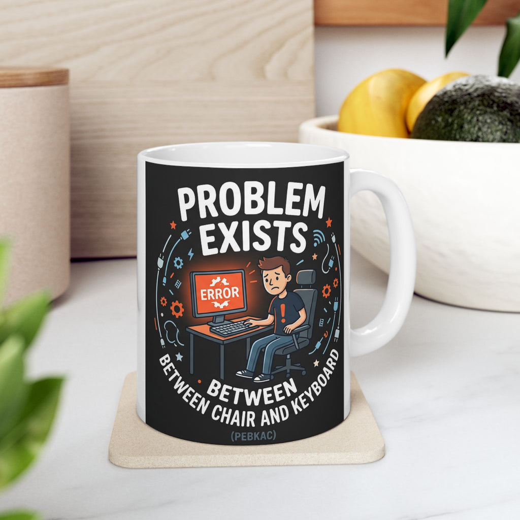 "Problem Exists Between Chair & Keyboard" IT Humor Ceramic Mug, (11oz, 15oz)