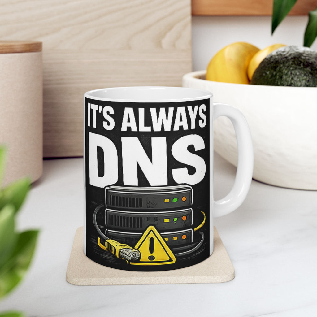 "It's Always DNS" Tech Humor Ceramic Mug, (11oz, 15oz)