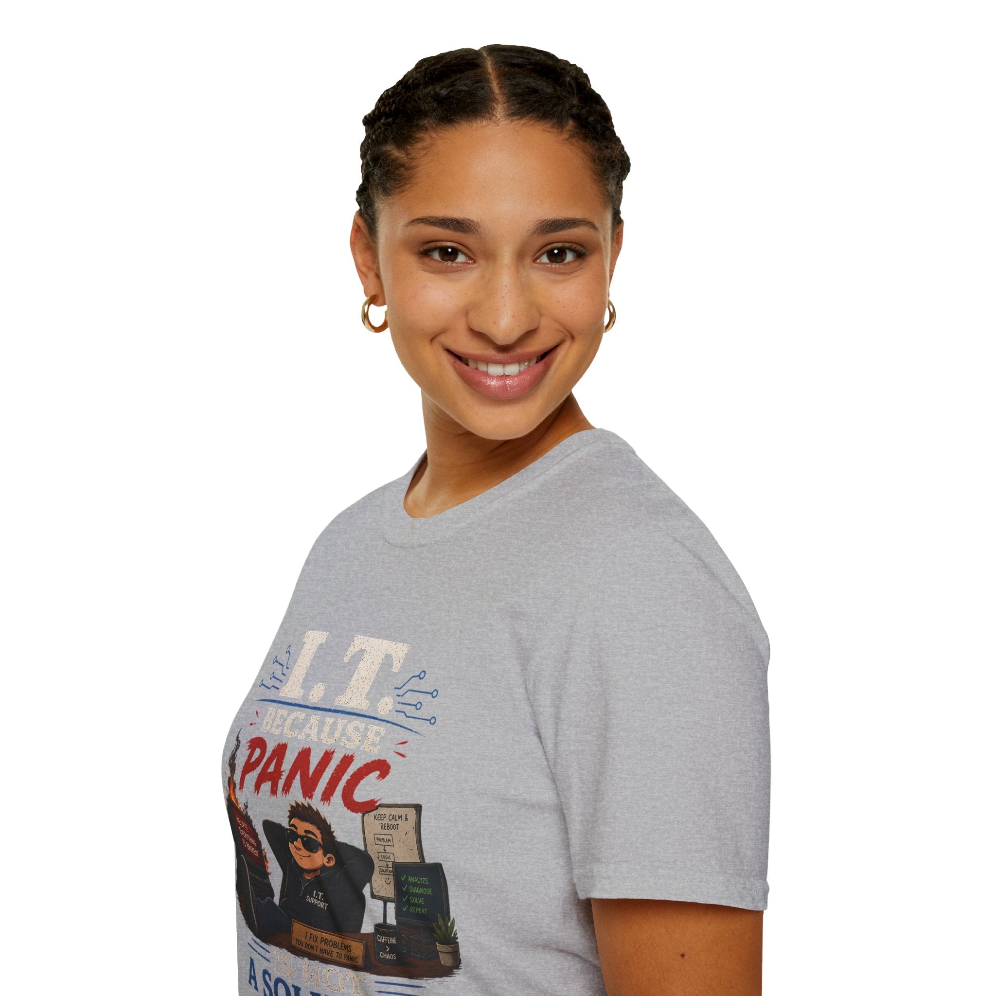 "IT Because Panic Is Not A Solution" Tech Humor T-Shirt — Funny IT Support Tech Tee
