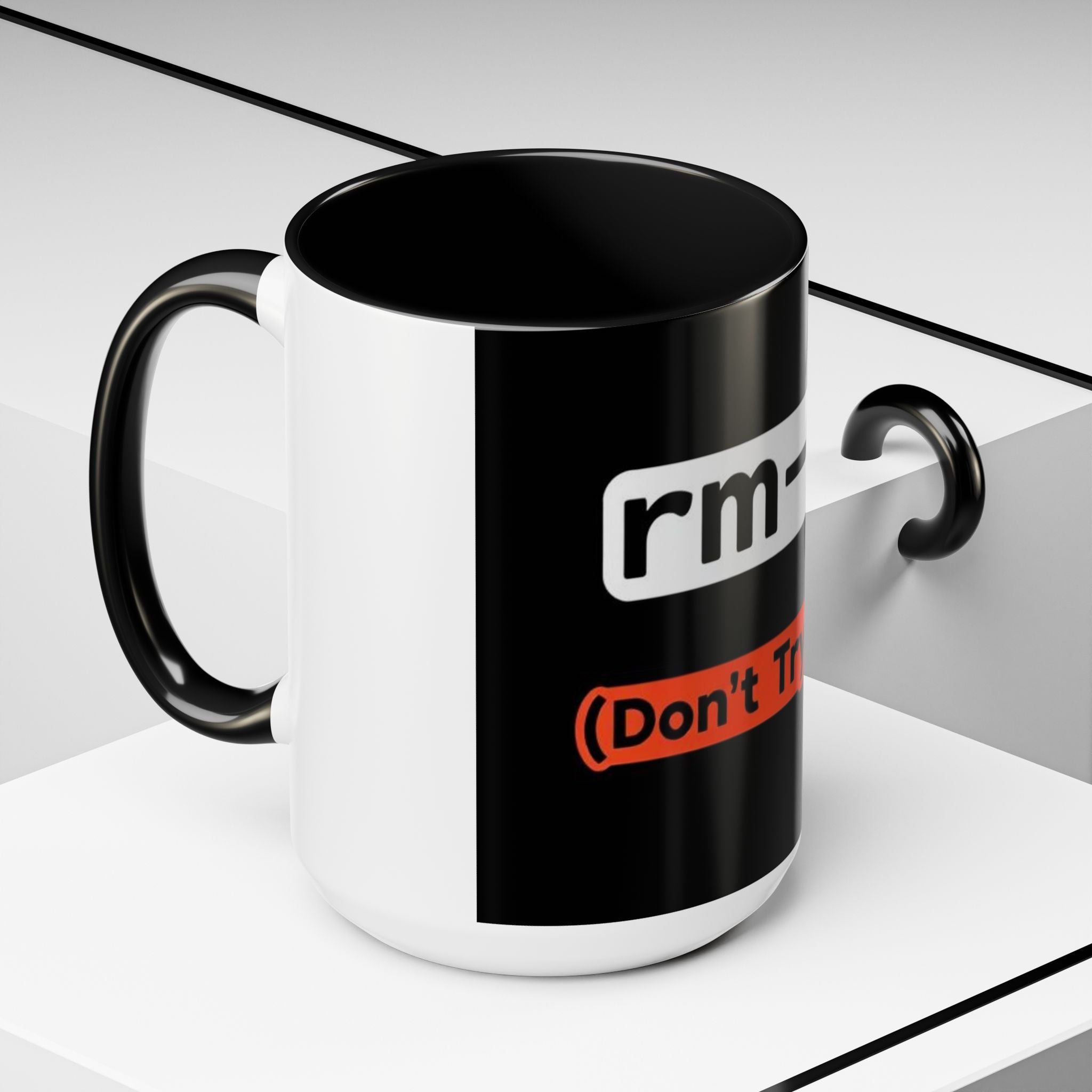 "rm -rf / (Don't Try This)" Funny IT Tech Humor Black Accent Ceramic Coffee Mug