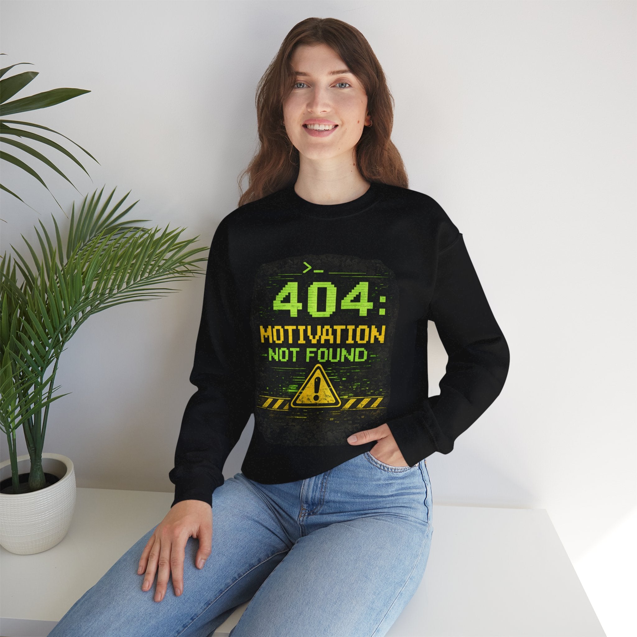 "404: Motivation Not Found" Funny Tech Graphic Crewneck Sweatshirt