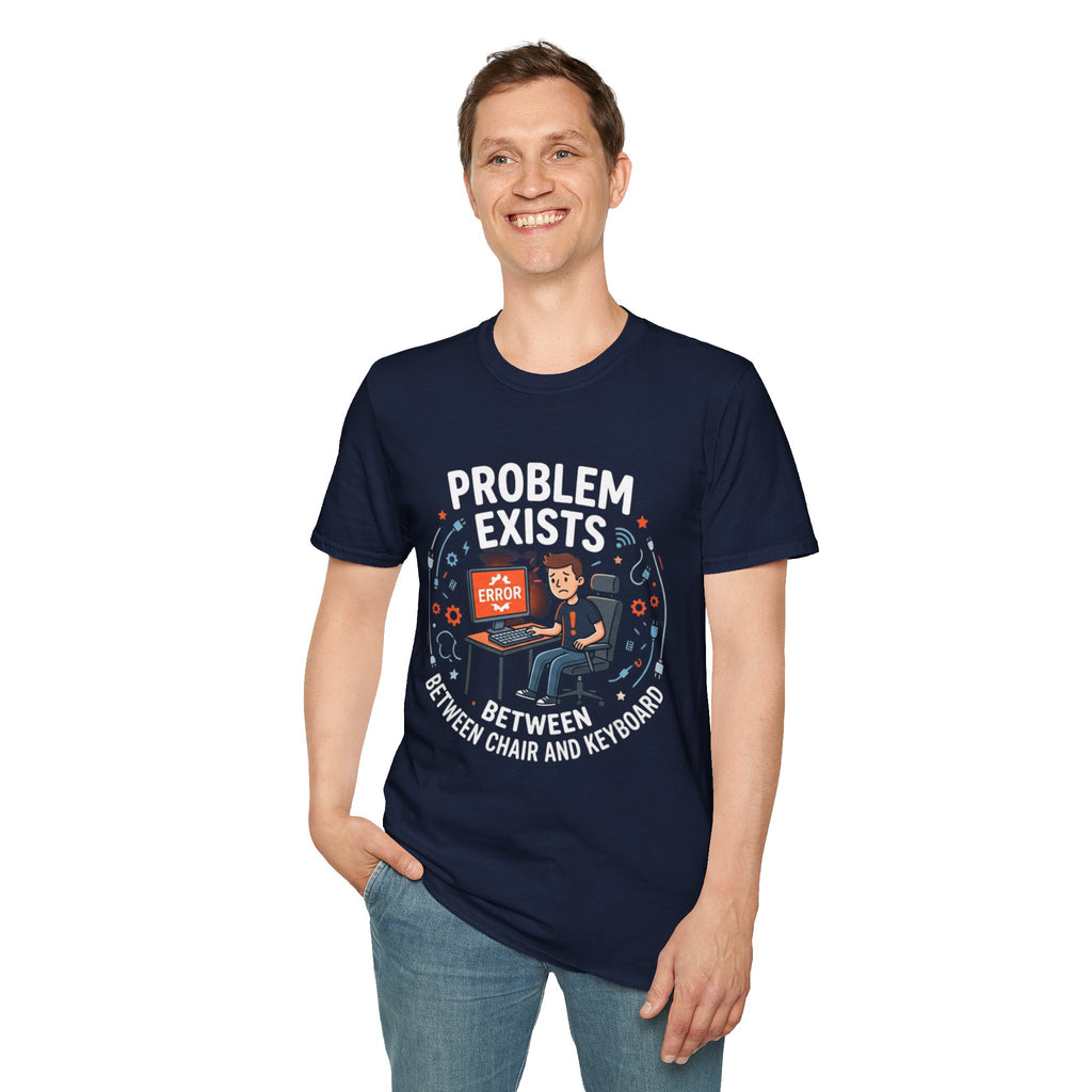 "Problem Exists Between Chair & Keyboard" Funny IT T-Shirt — Tech Coder Humor Graphic Tee