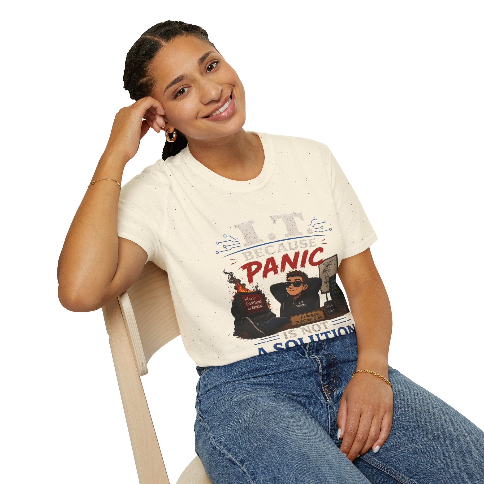 "IT Because Panic Is Not A Solution" Tech Humor T-Shirt — Funny IT Support Tech Tee