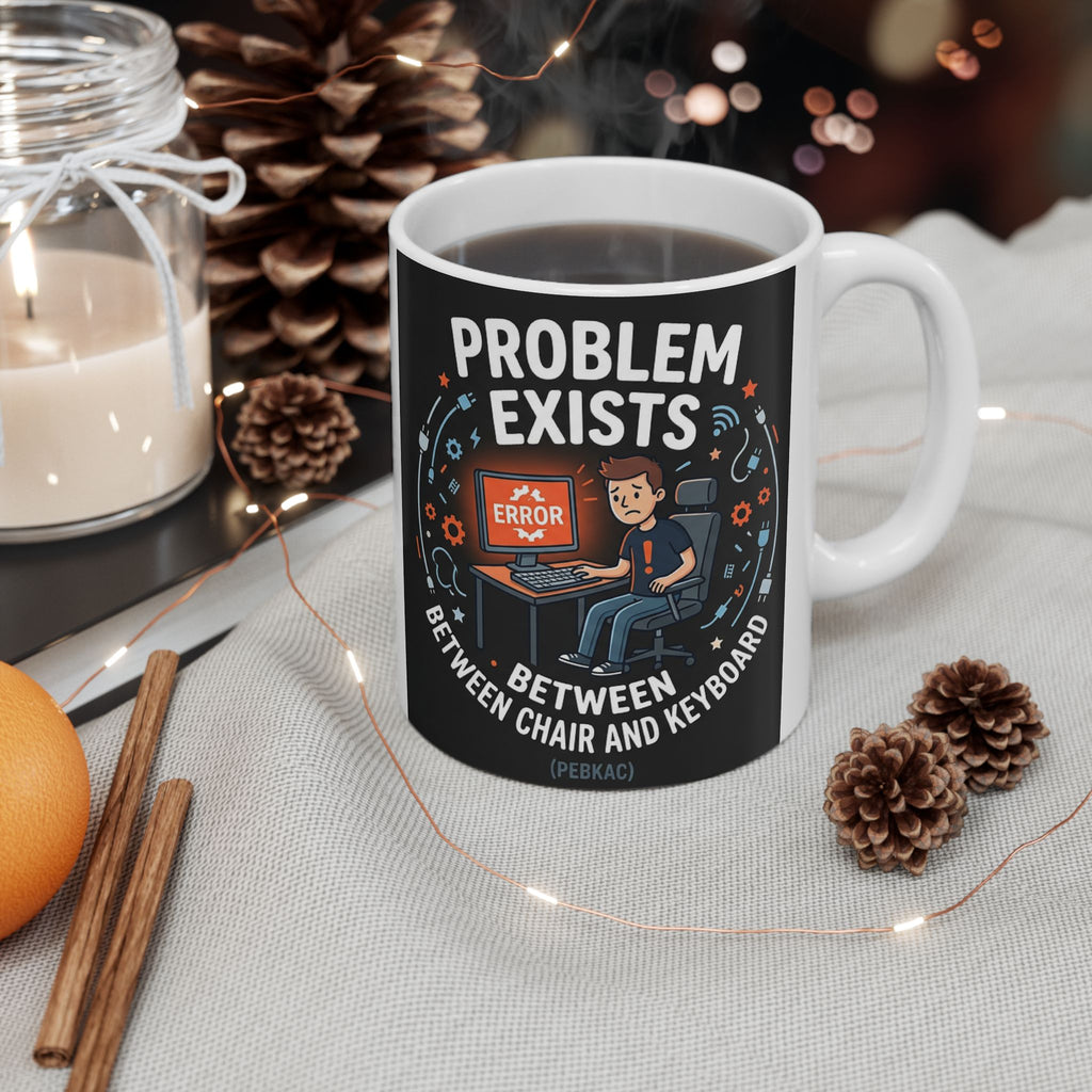 "Problem Exists Between Chair & Keyboard" IT Humor Ceramic Mug, (11oz, 15oz)