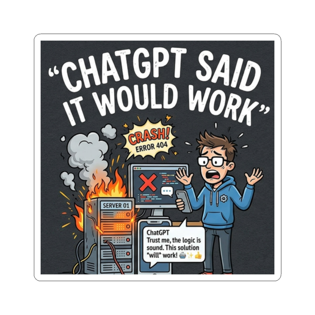 "ChatGPT Said It Would Work” Funny IT Tech Humor AI Fail Laptop Decal Sticker